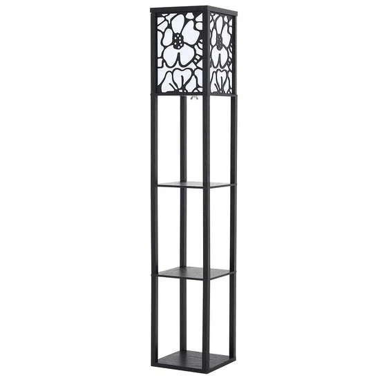 Modern Tower Lamp with Storage Shelves and Floral Shade - Image 5