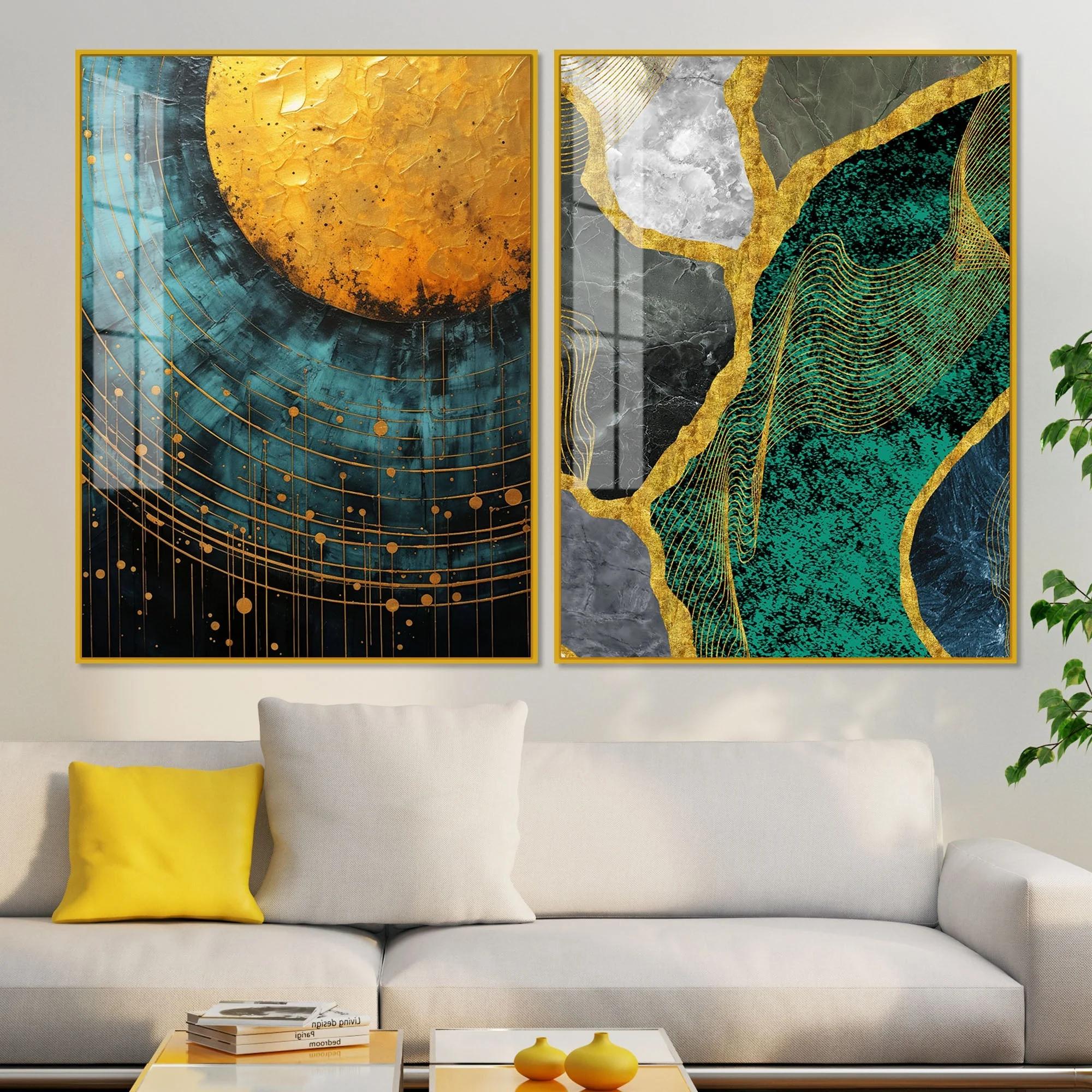 Modern Turquoise Artistic Art Acrylic Floating Wall Painting Set Of 2 - Image 2