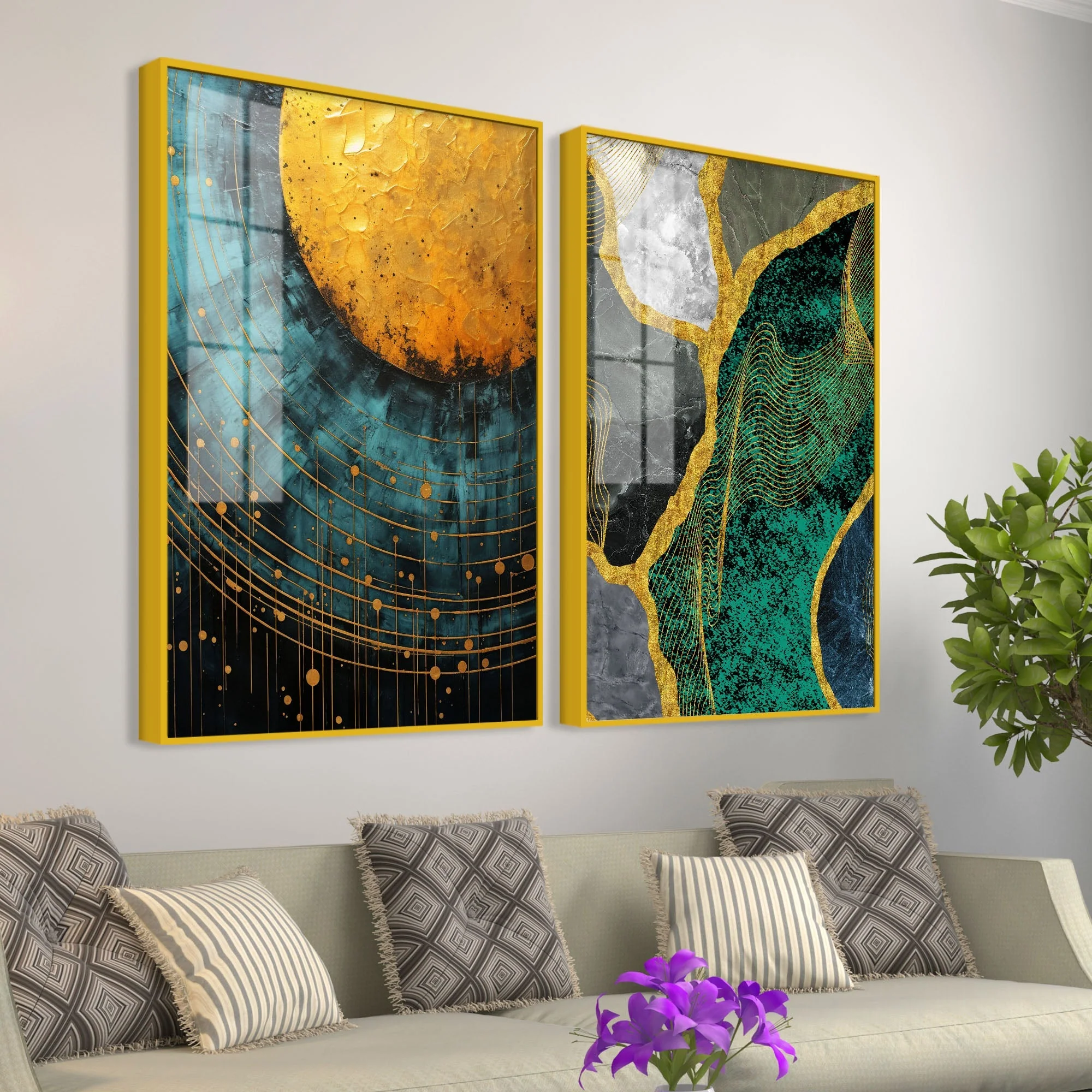 Modern Turquoise Artistic Art Acrylic Floating Wall Painting Set Of 2 - Image 3