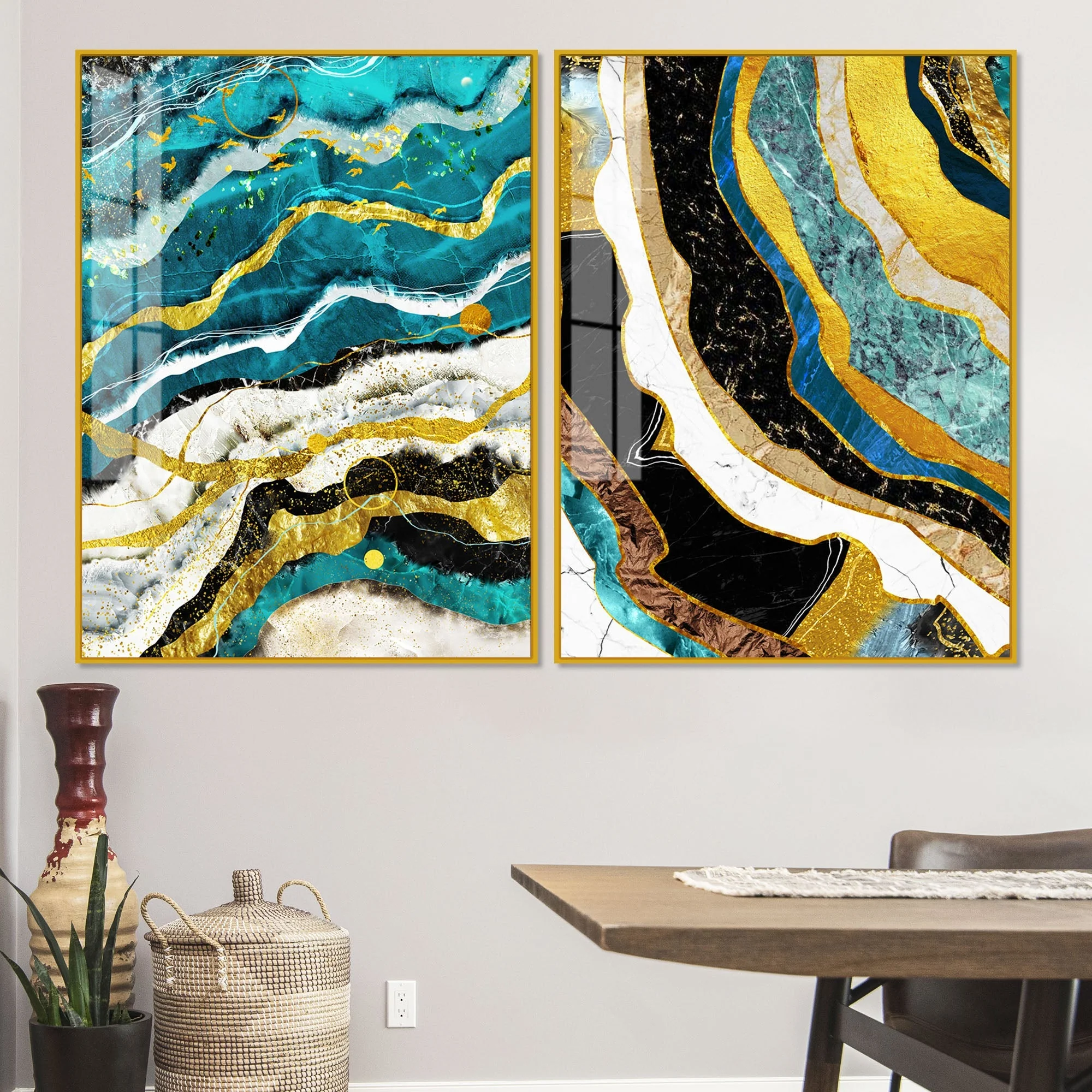 Modern Turquoise Blue Waves Artistic Art Acrylic Floating Wall Painting Set Of 2 - Image 2