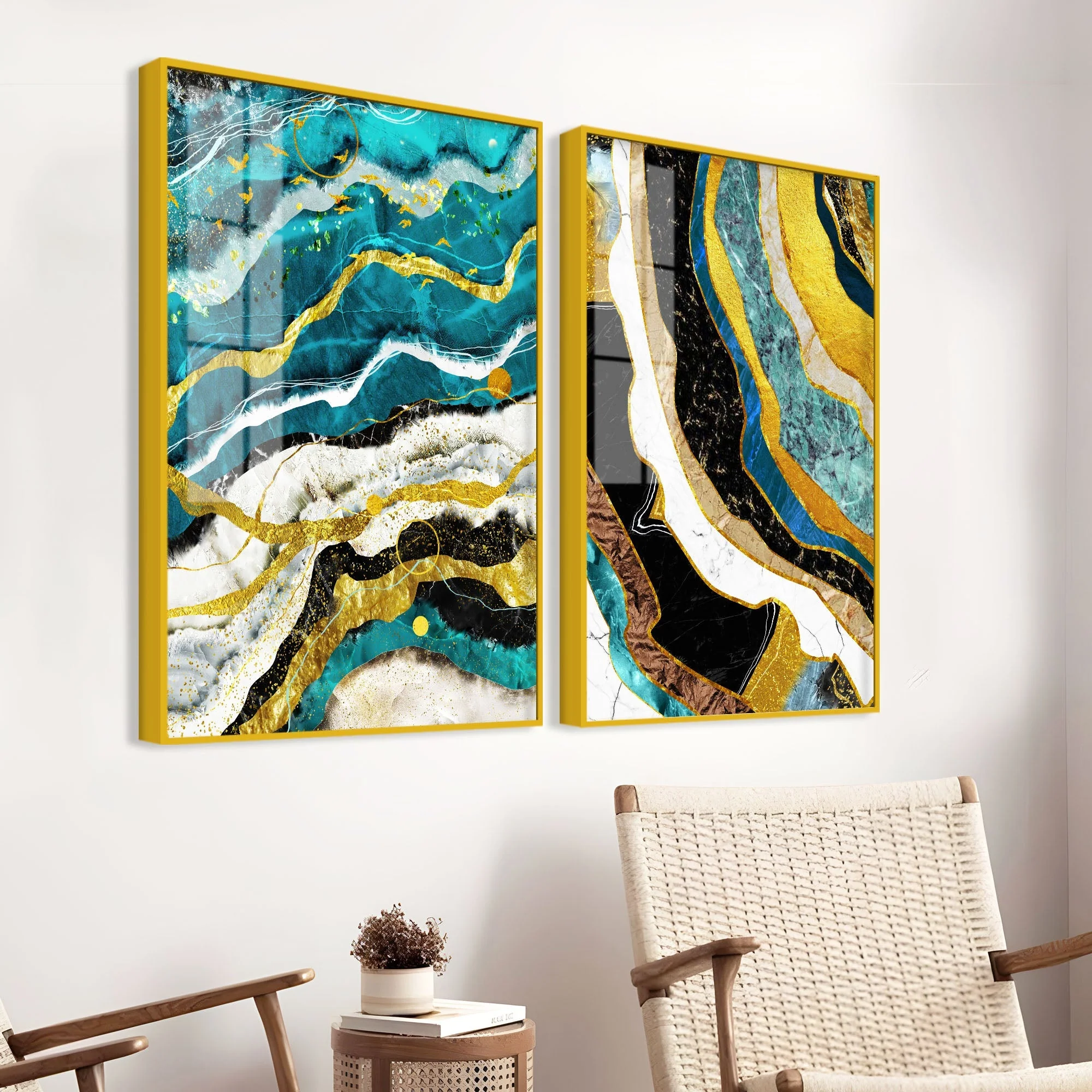 Modern Turquoise Blue Waves Artistic Art Acrylic Floating Wall Painting Set Of 2 - Image 3
