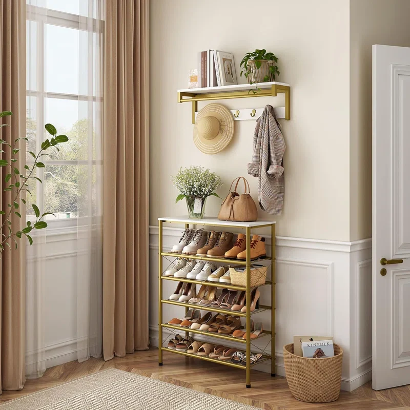 Modern Vertical Shoe Storage Shelf with Glossy Gold Finish - Image 3
