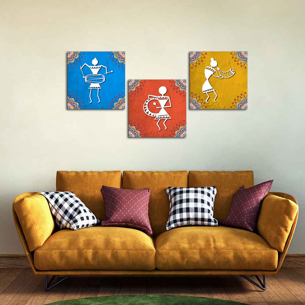 Modern Warli Art Wall Hanging Painting Set of Three - Image 3