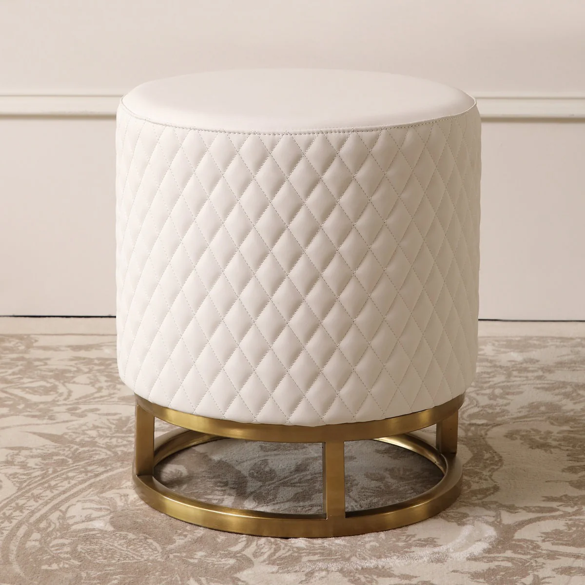 Modern White Accent Stool with Brass Golden Finish Metal Frame - Image 2