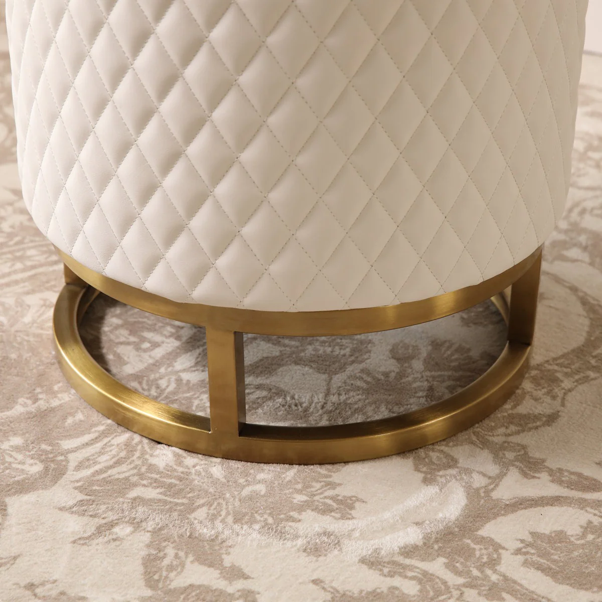 Modern White Accent Stool with Brass Golden Finish Metal Frame - Image 3