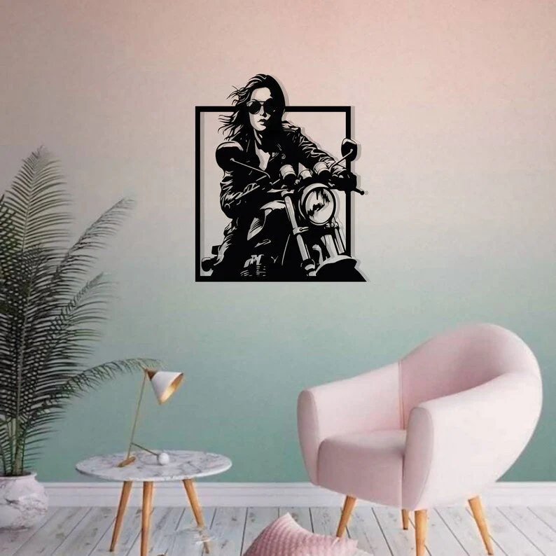 Modern Woman Biker Metal Wall Art for Interior Styling - Image 2