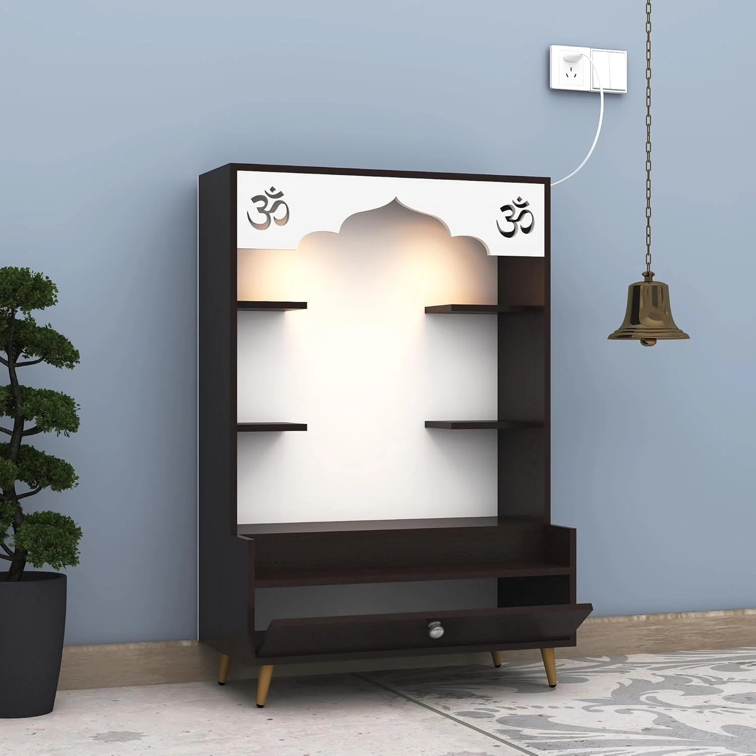 Modern Wooden Floor Pooja Mandir in Dark Finish with Open Shelves Om Engraving & Pull-Out Storage Drawer - Image 5