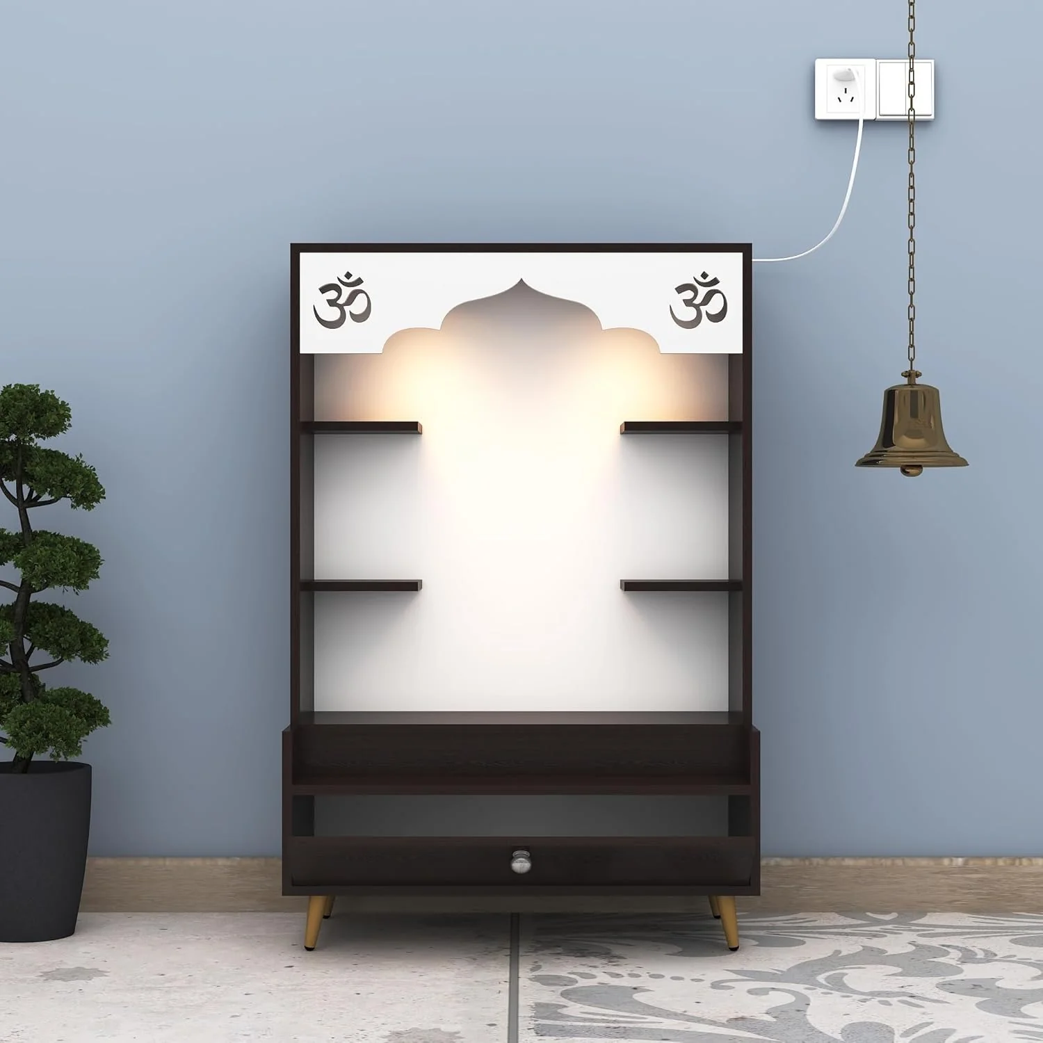 Modern Wooden Floor Pooja Mandir in Dark Finish with Open Shelves Om Engraving & Pull-Out Storage Drawer - Image 6