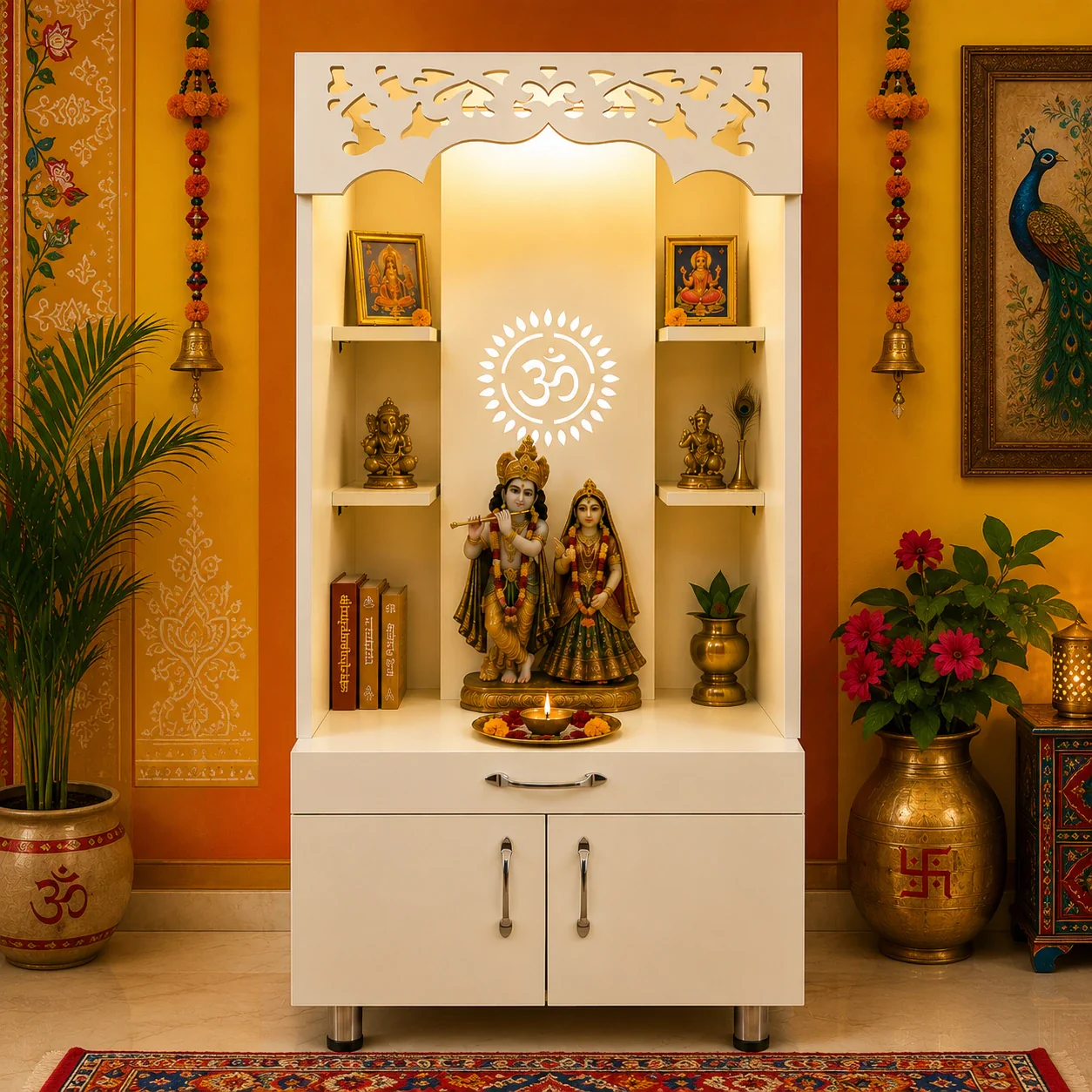 Modern Wooden Pooja Mandir with Om Design Back Panel & Storage Cabinet - Image 3