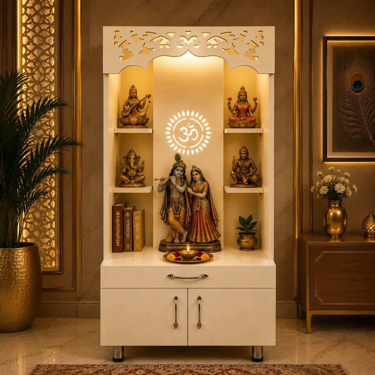 Modern Wooden Pooja Mandir with Om Design Back Panel & Storage Cabinet - Image 4