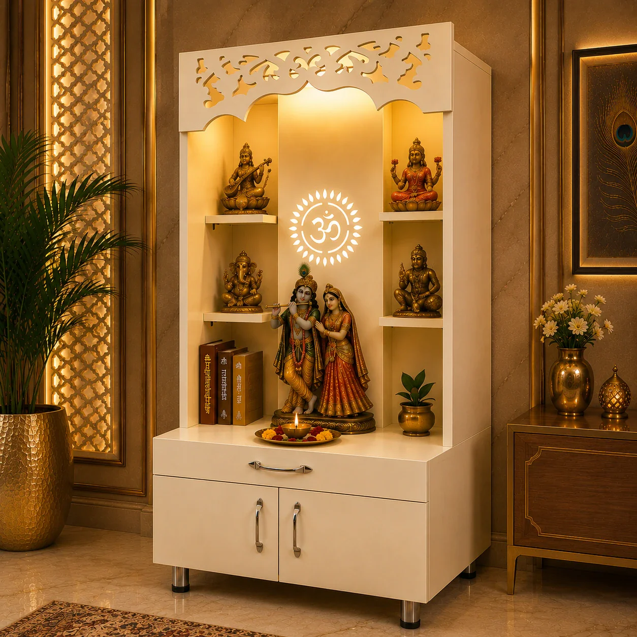 Modern Wooden Pooja Mandir with Om Design Back Panel & Storage Cabinet - Image 5