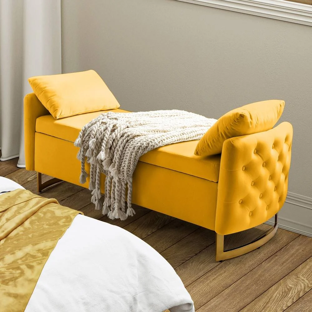 Modern Yellow Upholstered Storage Bench with Gold Legs - Image 2