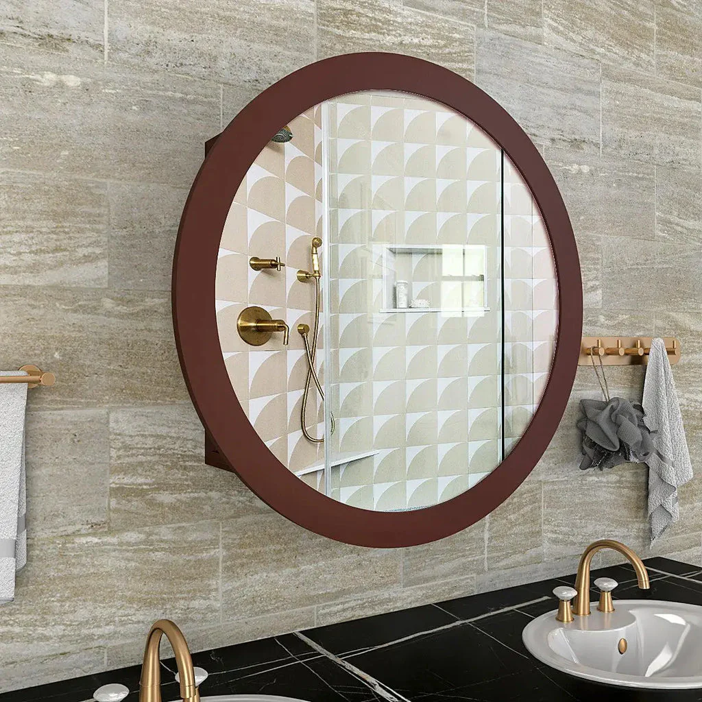 Modish Circular Shape Wooden Bathroom Cabinet Mirror with 2 Spacious Shelves with Brown Finish - Image 2