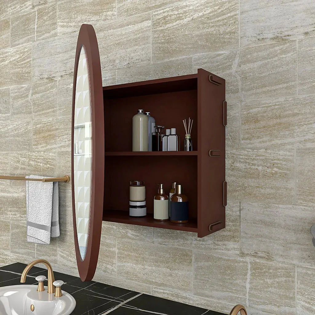 Modish Circular Shape Wooden Bathroom Cabinet Mirror with 2 Spacious Shelves with Brown Finish - Image 3