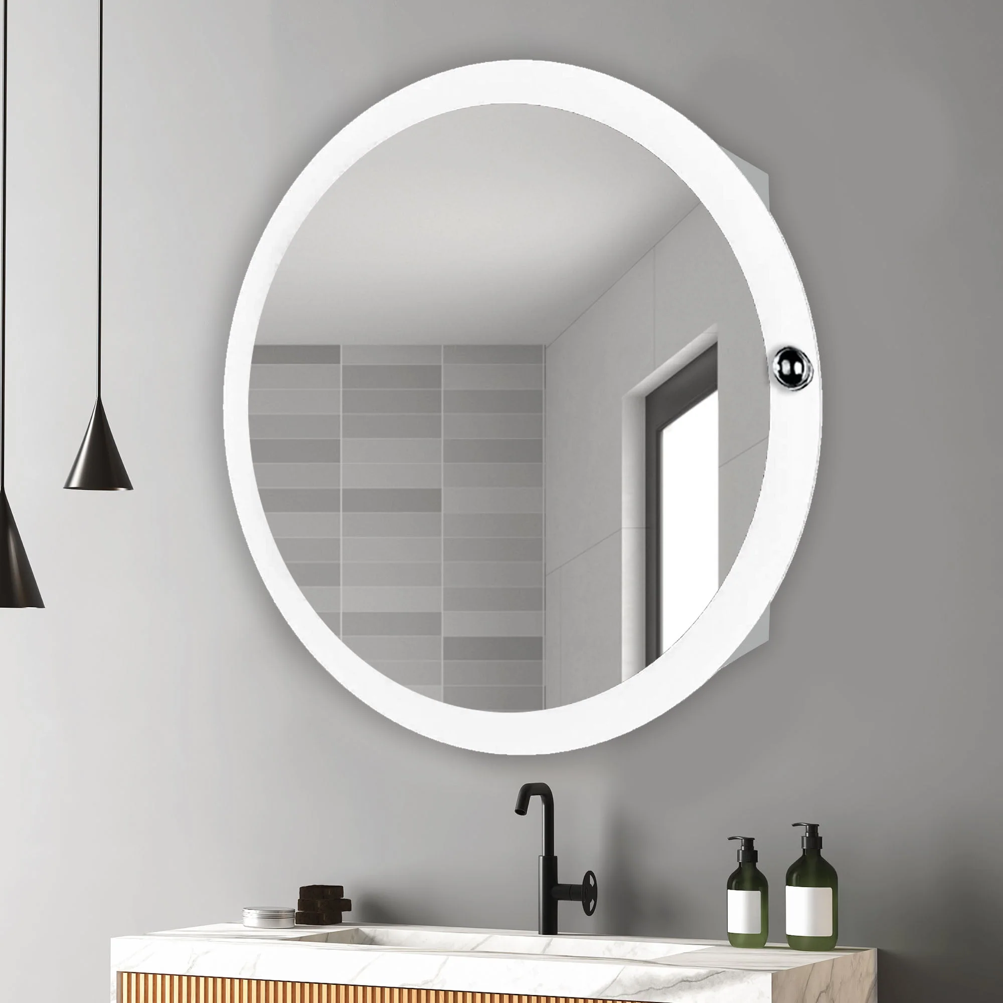 Modish Circular Wooden Bathroom Cabinet Mirror with 2 Spacious Shelves with White Finish - Image 2