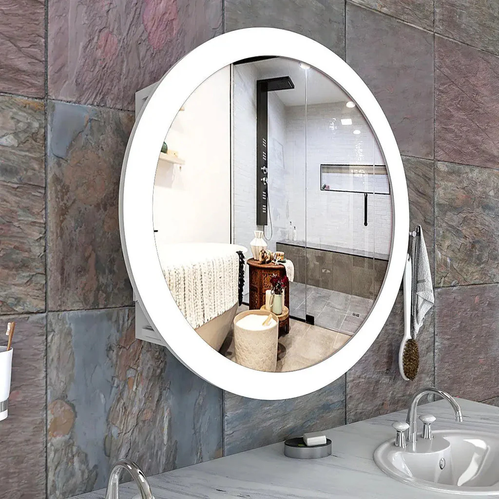 Modish Circular Wooden Bathroom Cabinet Mirror with 2 Spacious Shelves with White Finish - Image 2