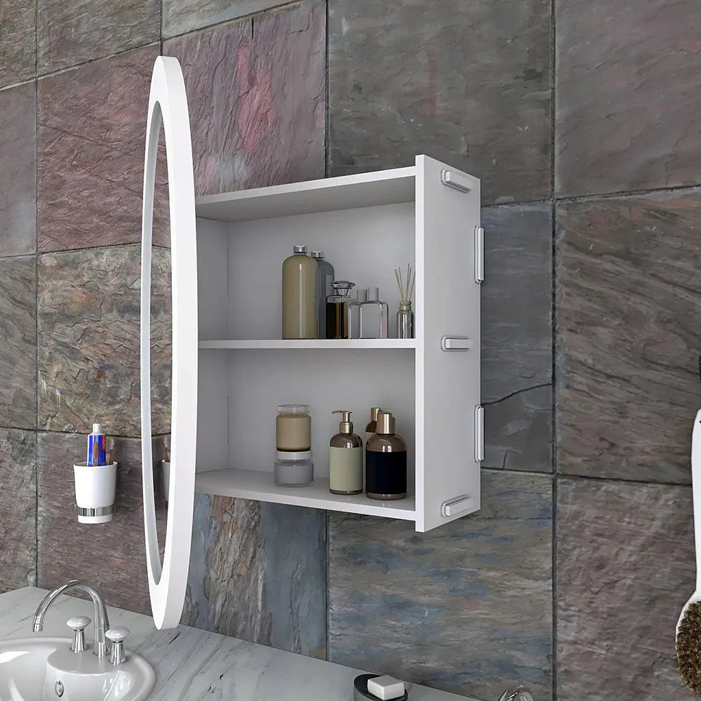 Modish Circular Wooden Bathroom Cabinet Mirror with 2 Spacious Shelves with White Finish - Image 3