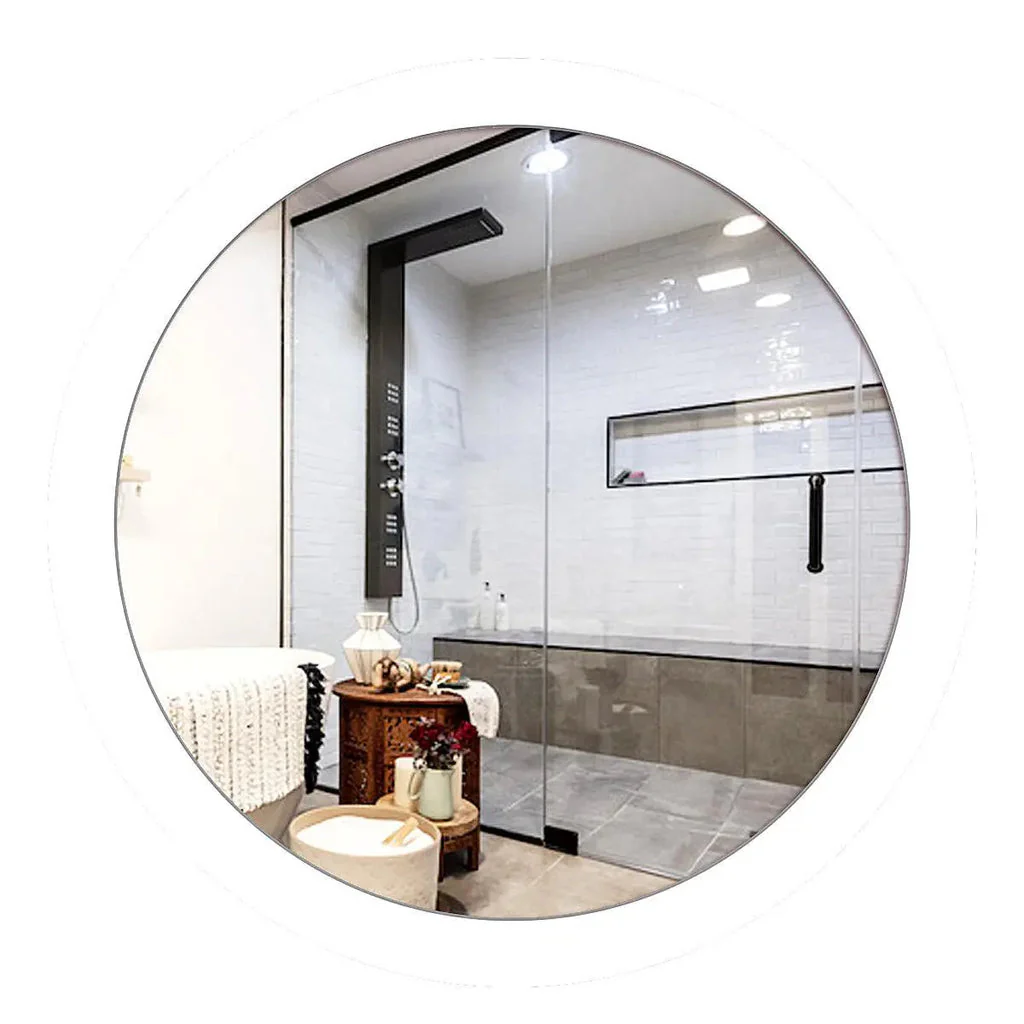 Modish Circular Wooden Bathroom Cabinet Mirror with 2 Spacious Shelves with White Finish - Image 4