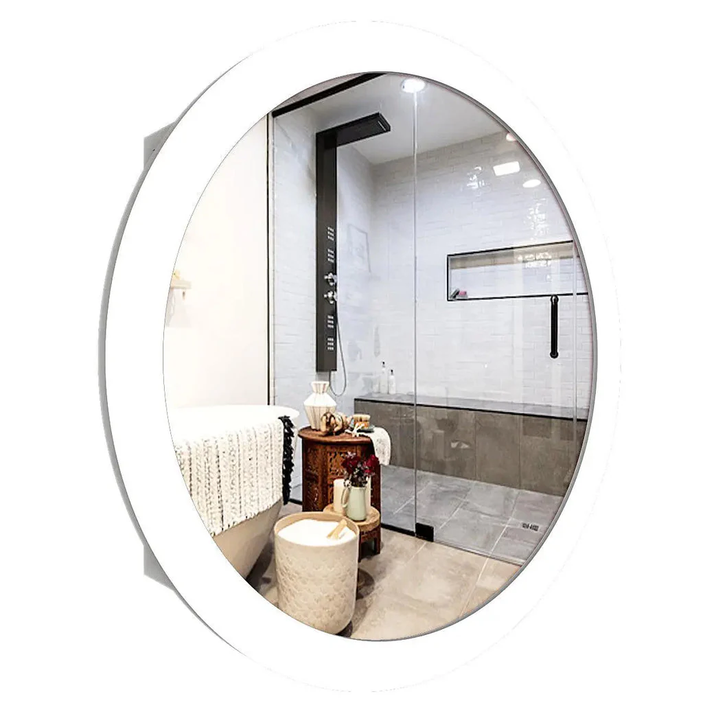 Modish Circular Wooden Bathroom Cabinet Mirror with 2 Spacious Shelves with White Finish - Image 5
