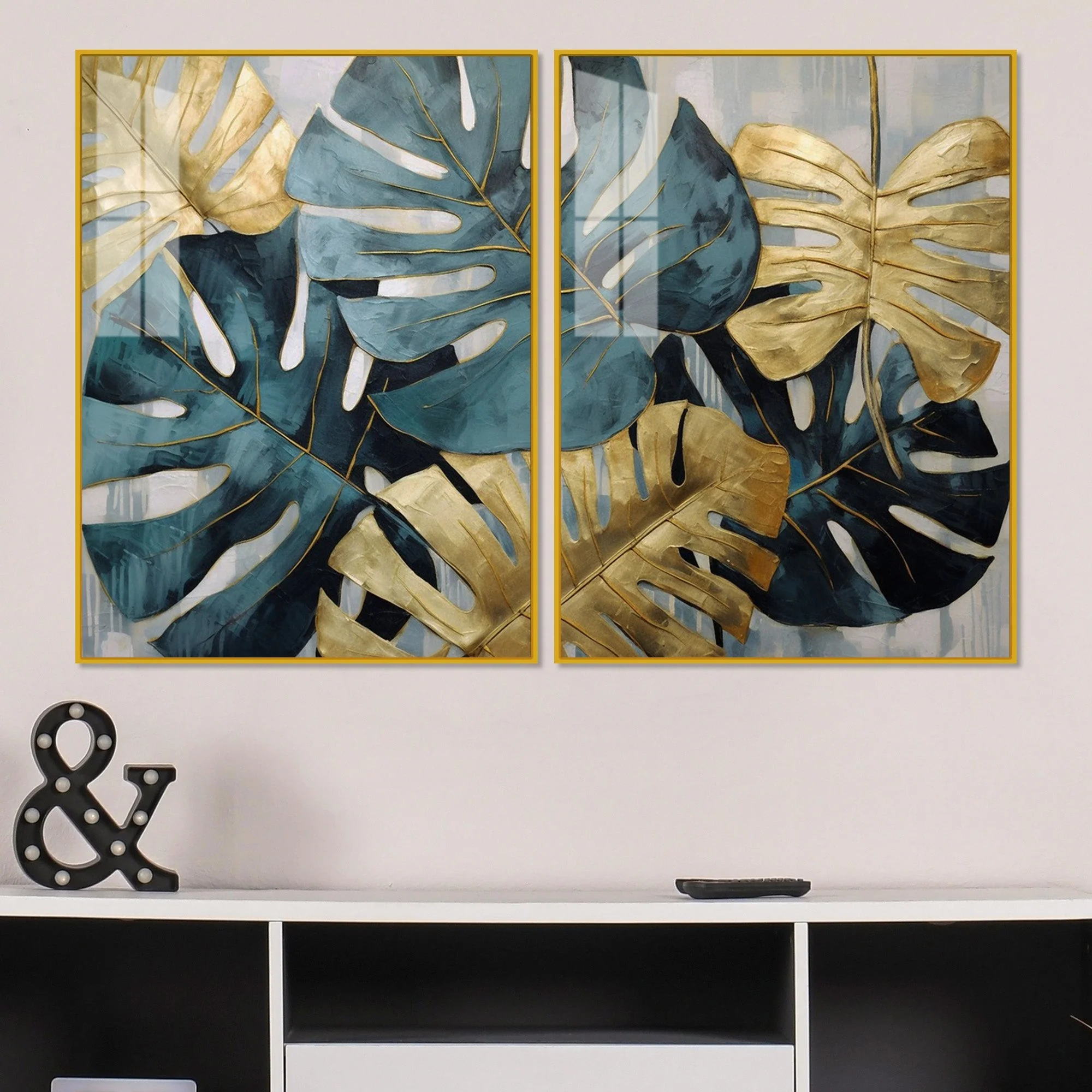 Monstera Leaves Acrylic Floating Wall Painting Set of 2 - Image 2