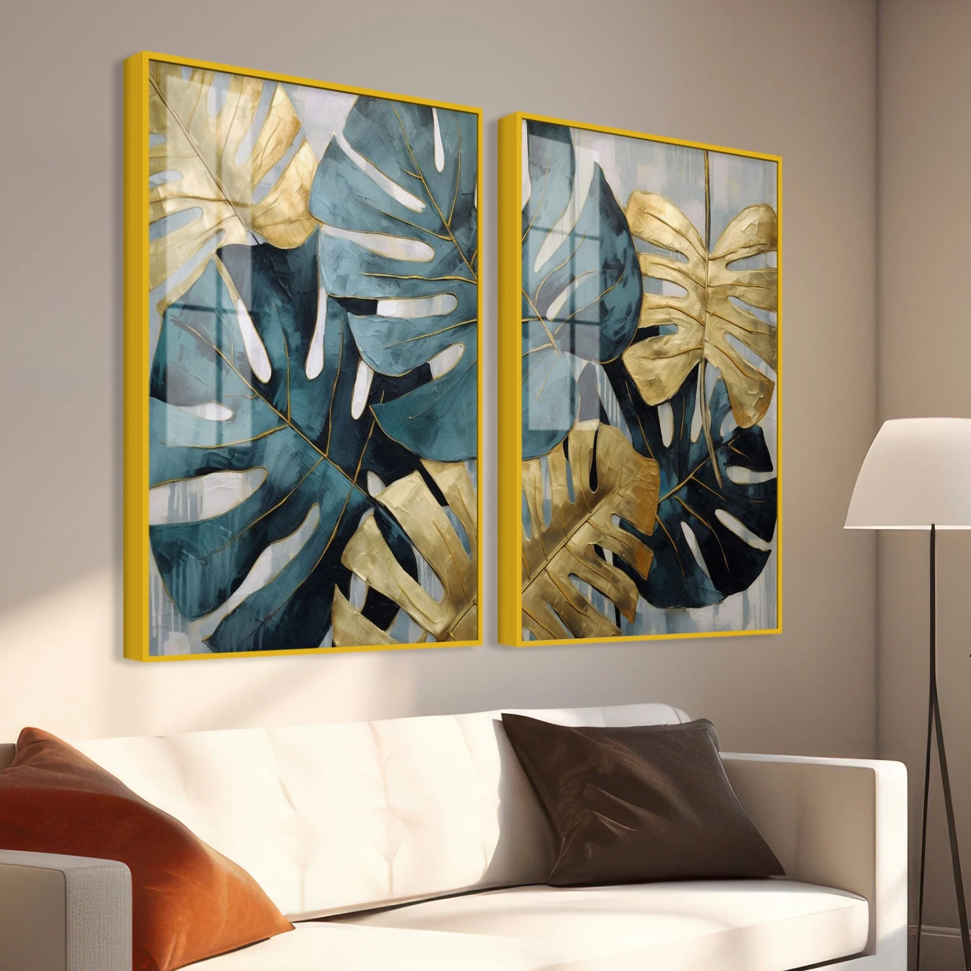 Monstera Leaves Acrylic Floating Wall Painting Set of 2 - Image 3