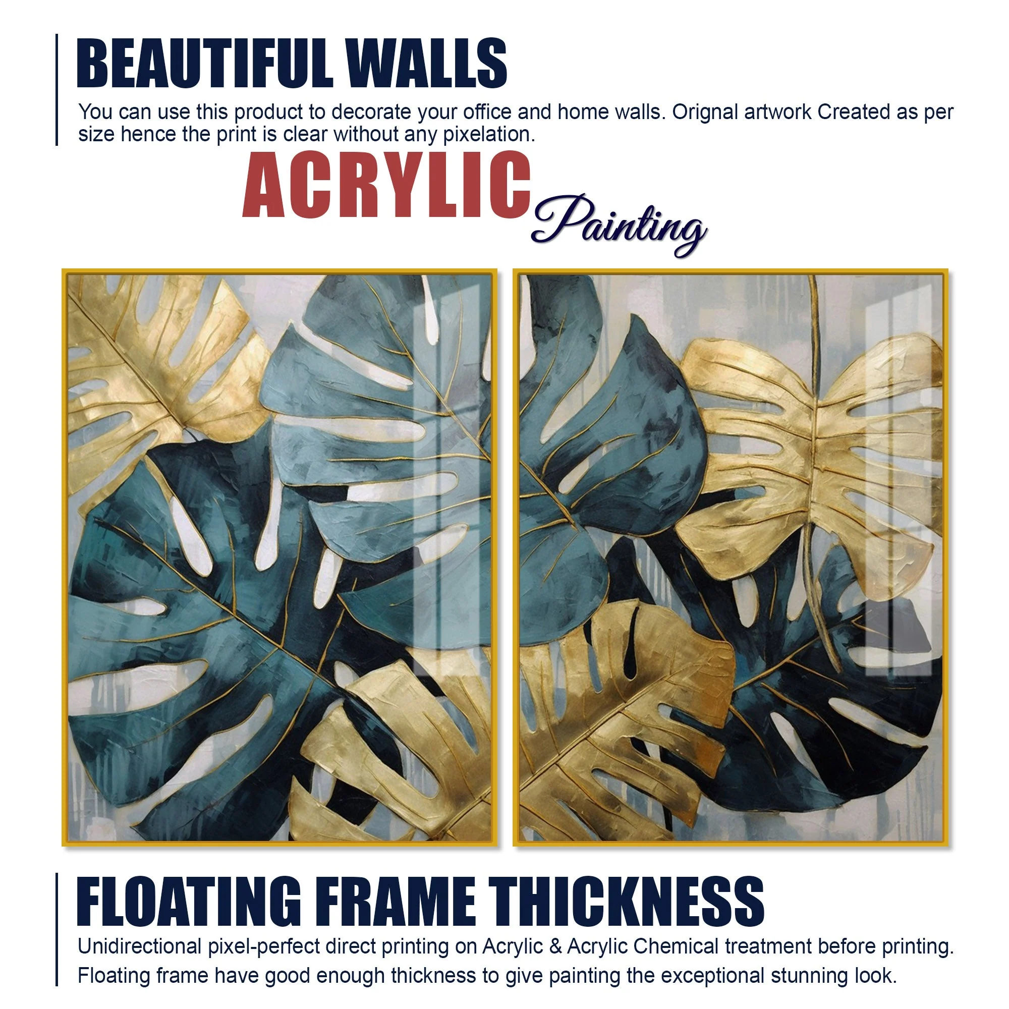 Monstera Leaves Acrylic Floating Wall Painting Set of 2 - Image 6