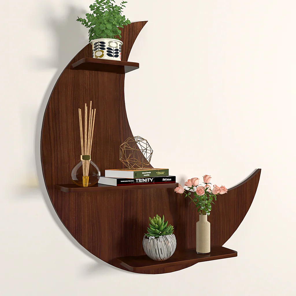 Moon Backlit Designer Wooden Wall Shelf / Book Shelf, Walnut Finish - Image 4