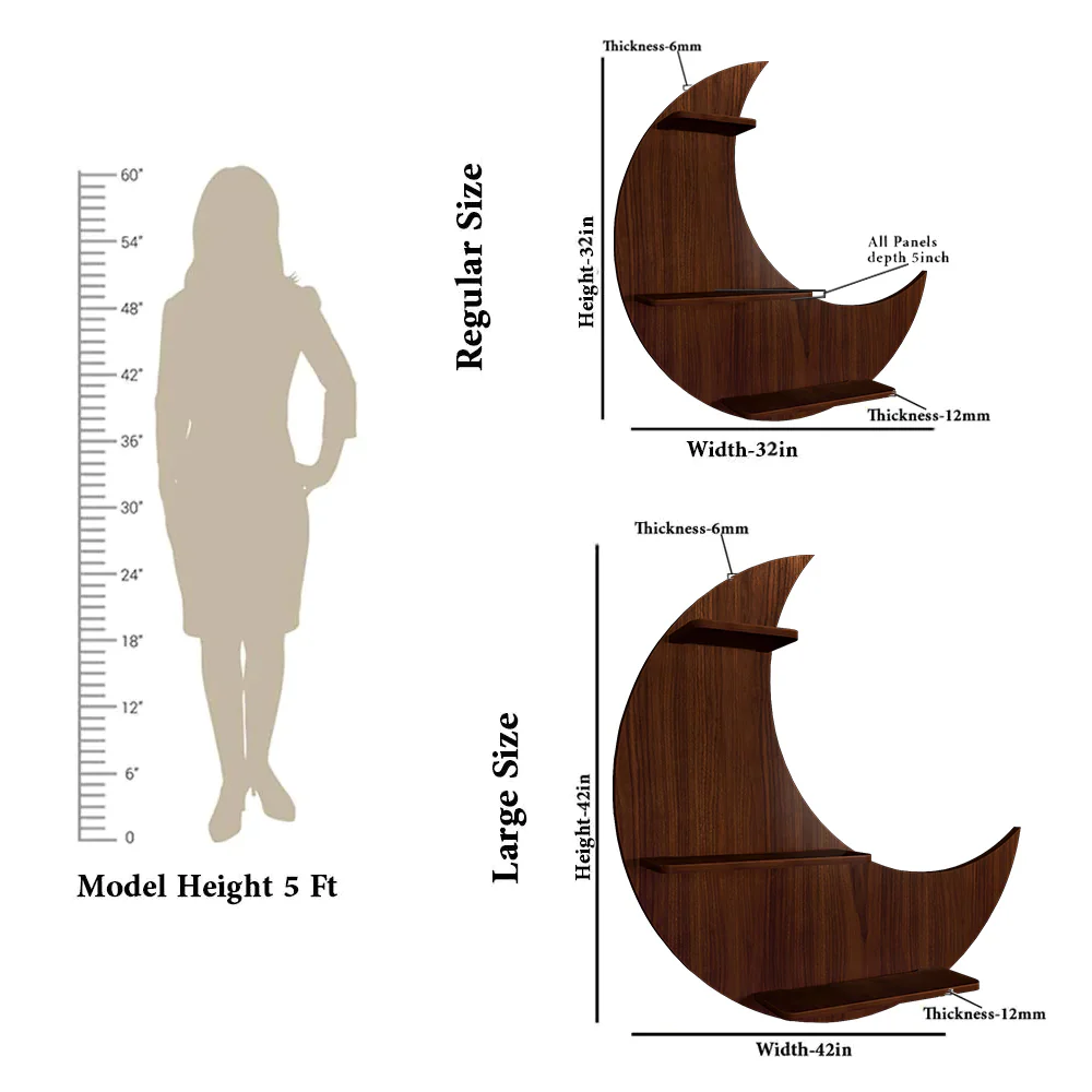 Moon Backlit Designer Wooden Wall Shelf / Book Shelf, Walnut Finish - Image 5