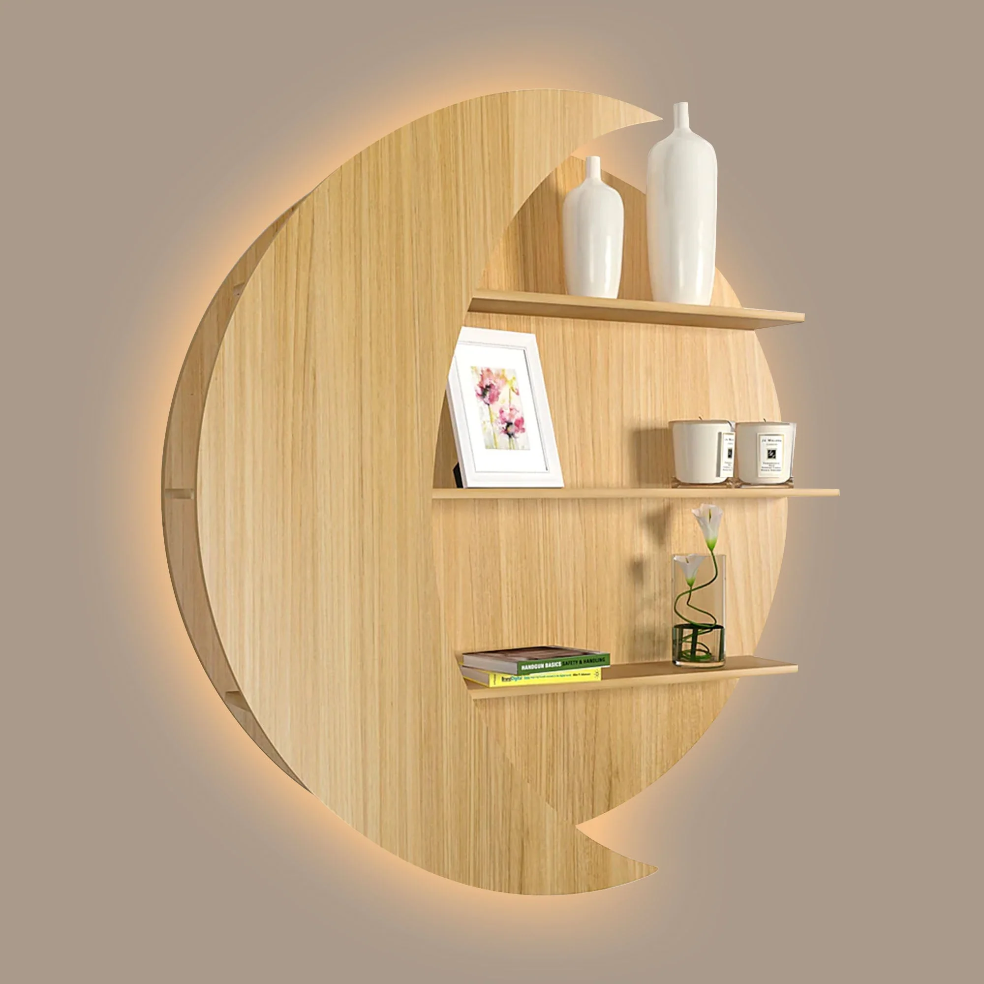 Moon Shape Designer Wooden Wall Shelf / Book Shelf, Oak Finish - Image 2