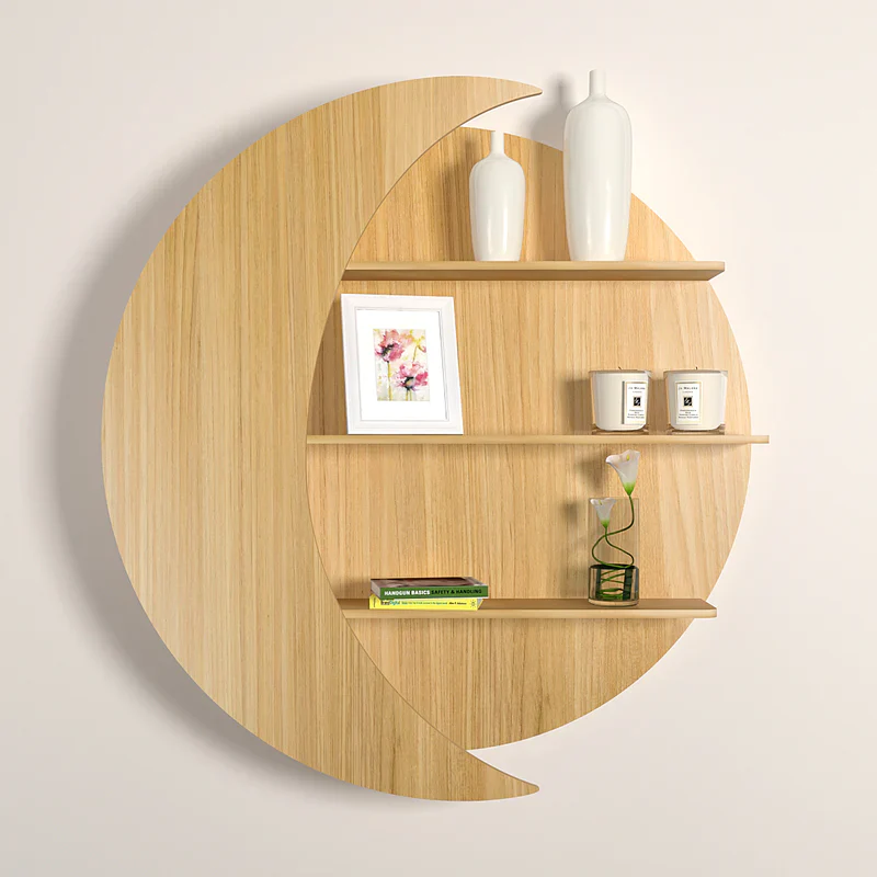 Moon Shape Designer Wooden Wall Shelf / Book Shelf, Oak Finish - Image 3