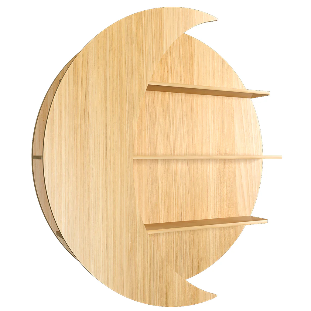Moon Shape Designer Wooden Wall Shelf / Book Shelf, Oak Finish - Image 4