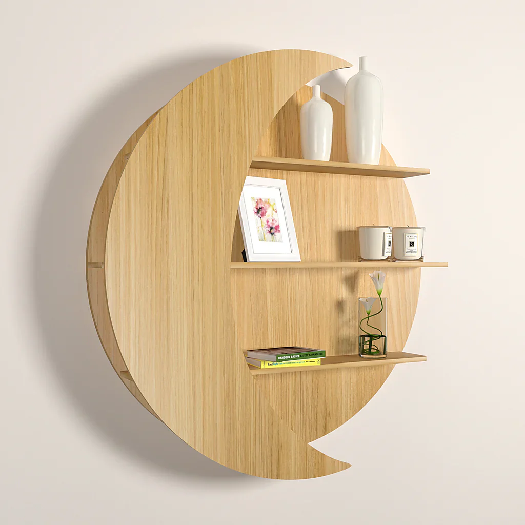 Moon Shape Designer Wooden Wall Shelf / Book Shelf, Oak Finish - Image 5