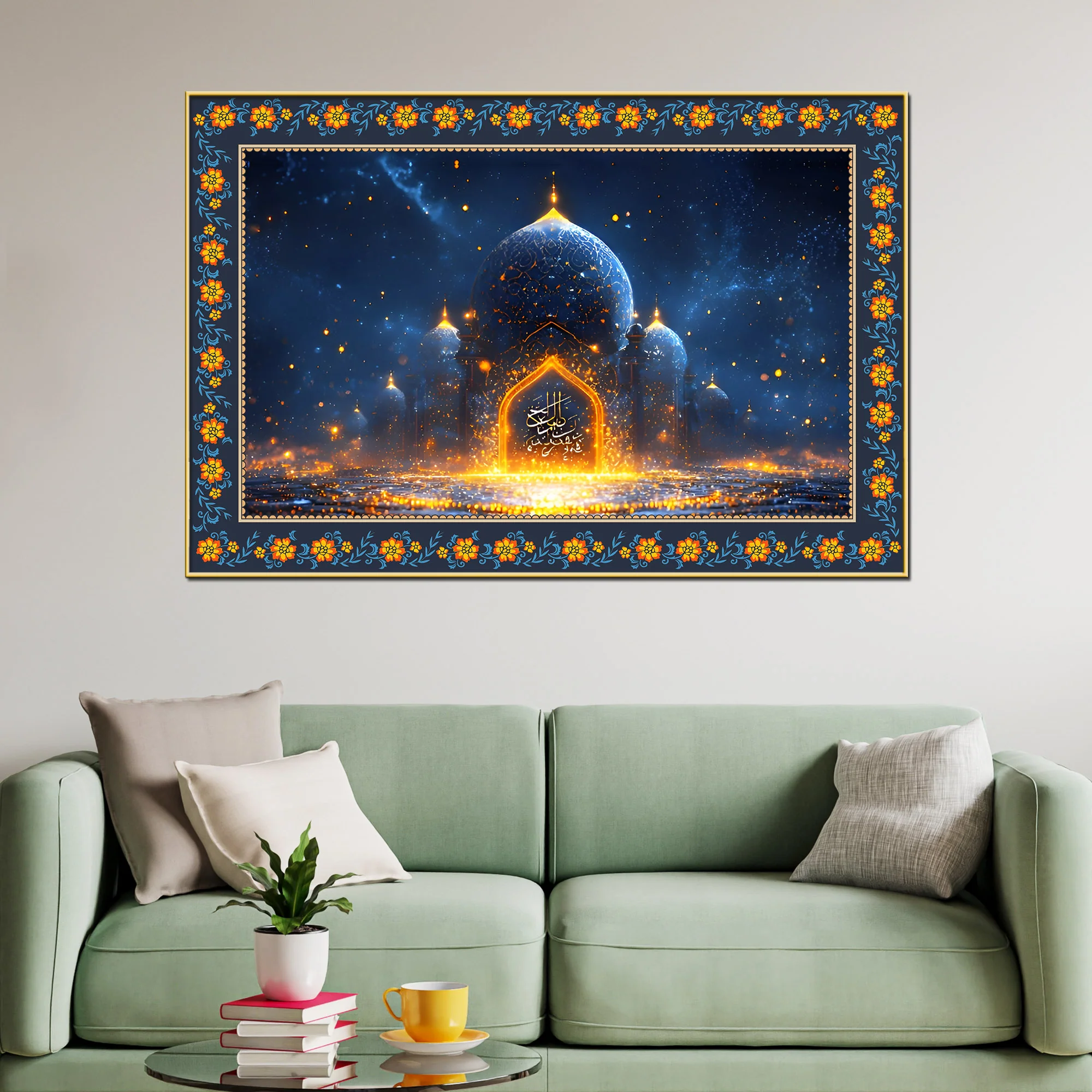 Mosque Night View from Arch Arabic Floral Border Canvas Wall Painting - Image 2
