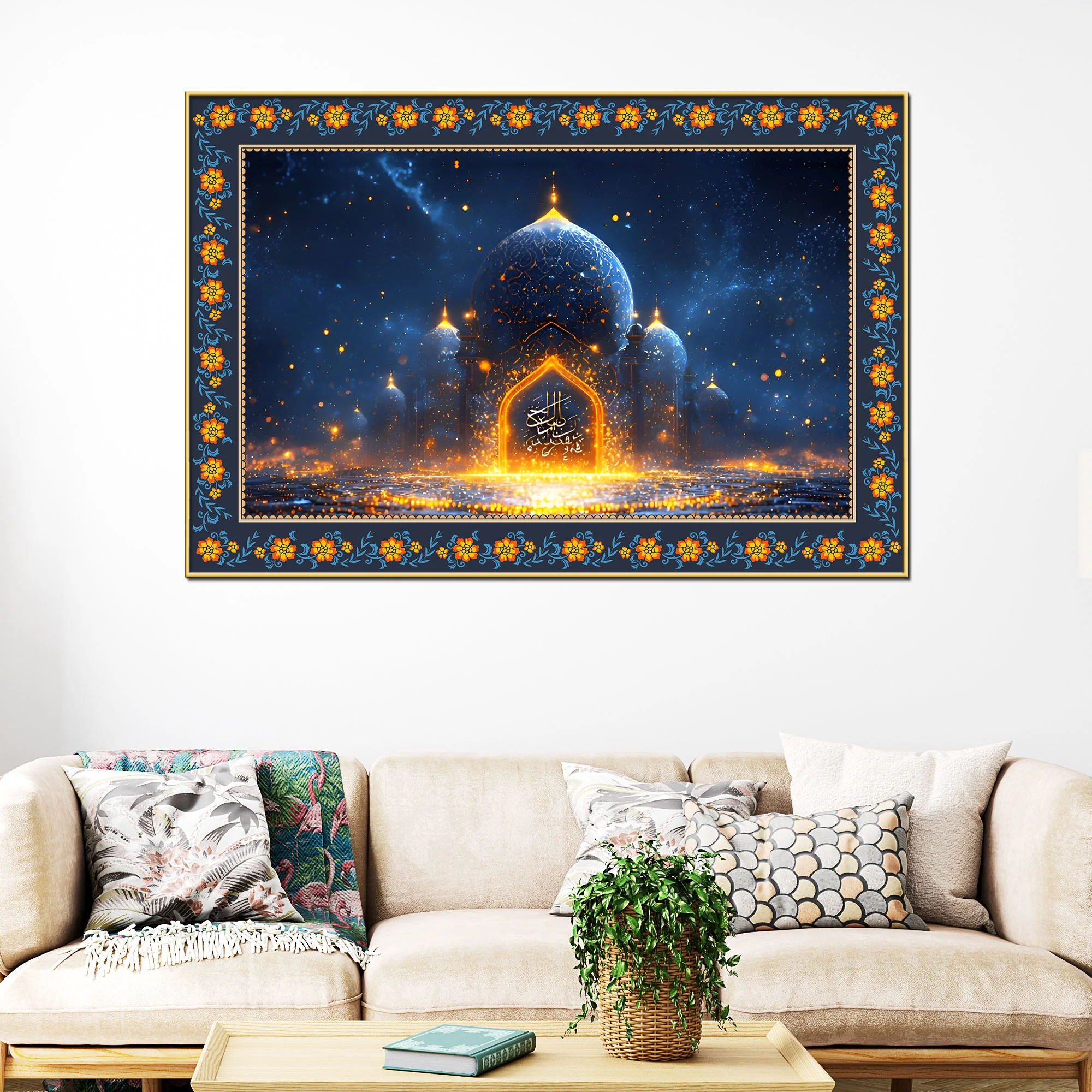 Mosque Night View from Arch Arabic Floral Border Canvas Wall Painting - Image 3