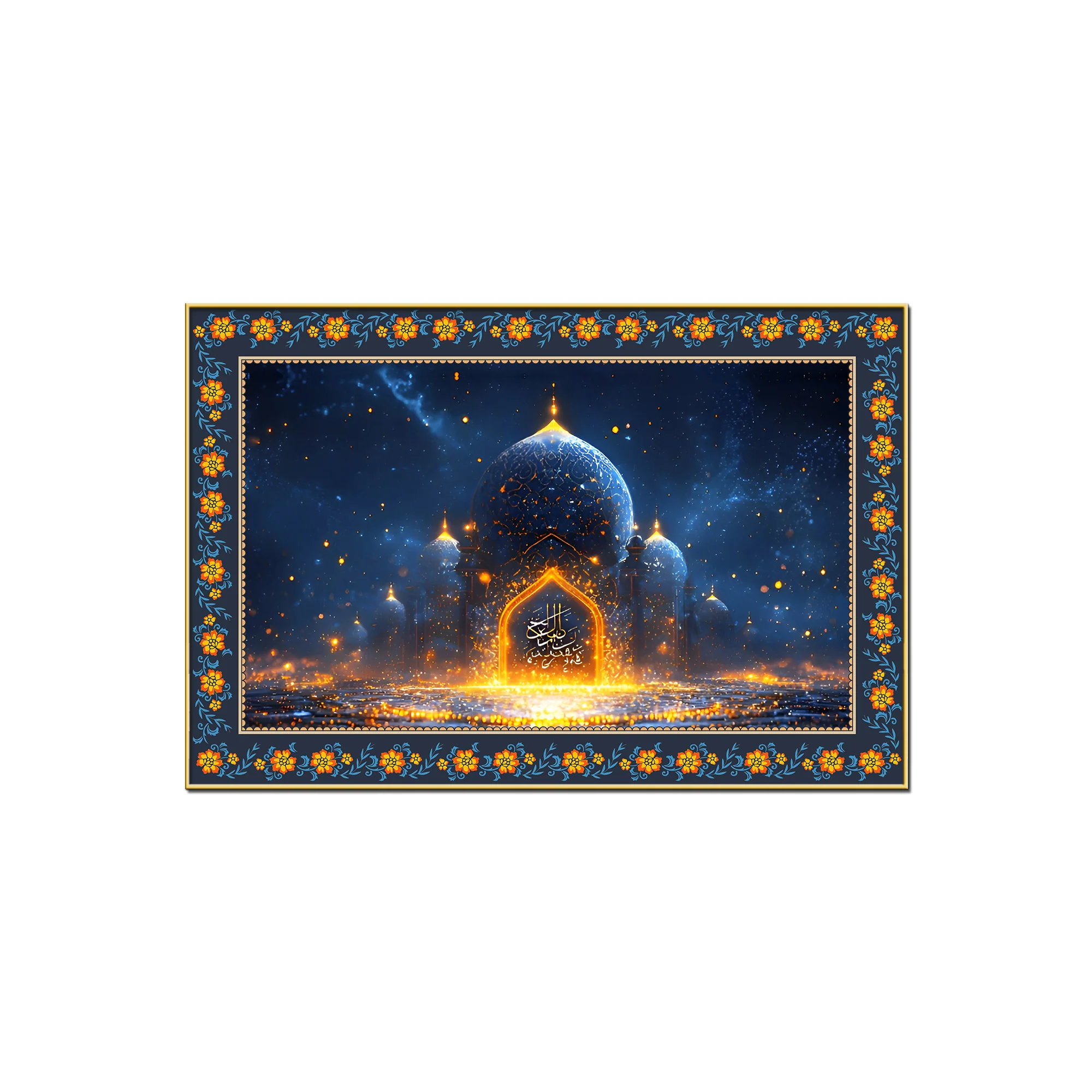 Mosque Night View from Arch Arabic Floral Border Canvas Wall Painting - Image 4