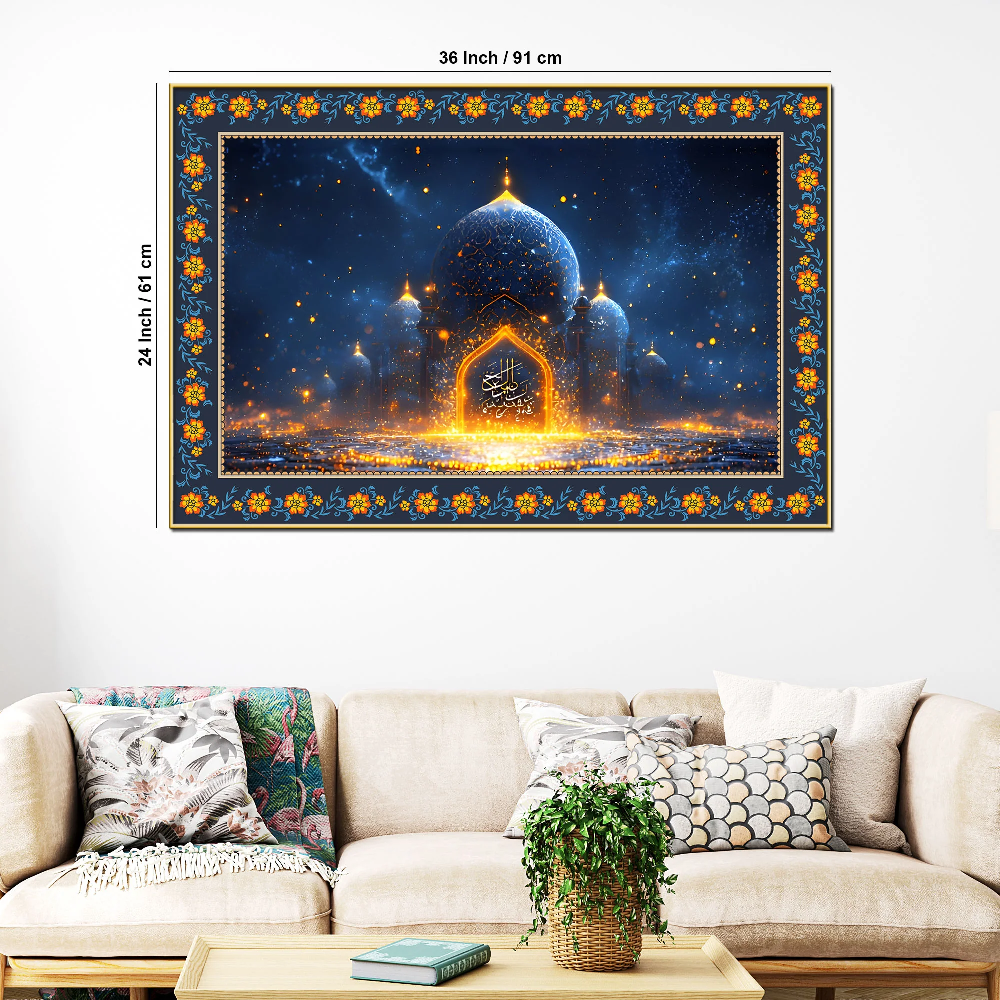 Mosque Night View from Arch Arabic Floral Border Canvas Wall Painting - Image 6