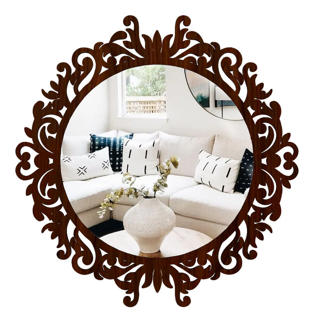 Motif Design Art Modern Round Shape Mirror with Wood Frame - Image 3