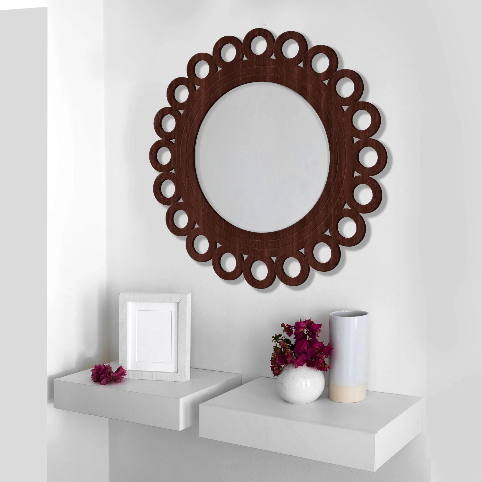 Motif Round Circular Design Art Wooden Wall Mirror - Image 2