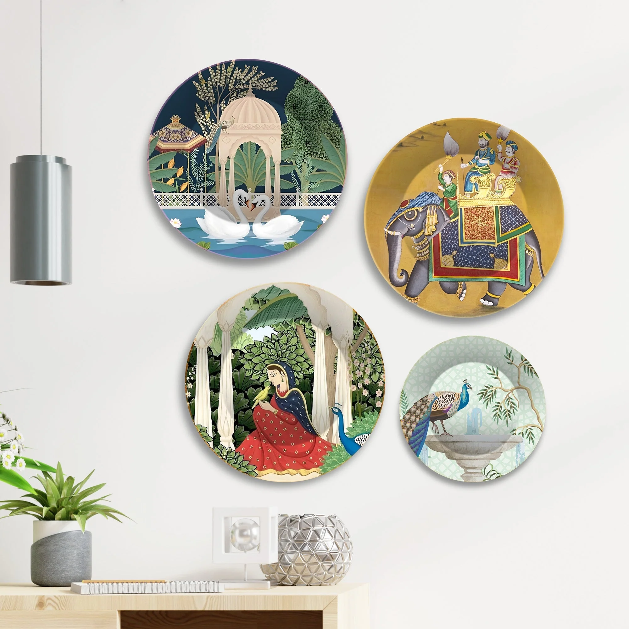 Mughal Garden Premium Wall Plates Painting Set of Four - Image 3