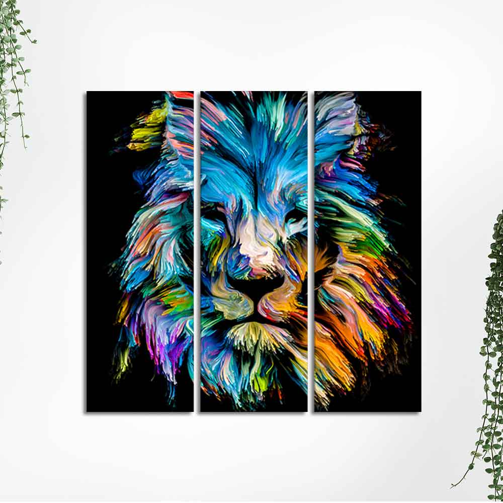 Multicolor Head of Lion Wall Painting Set of 3 Pieces - Image 5