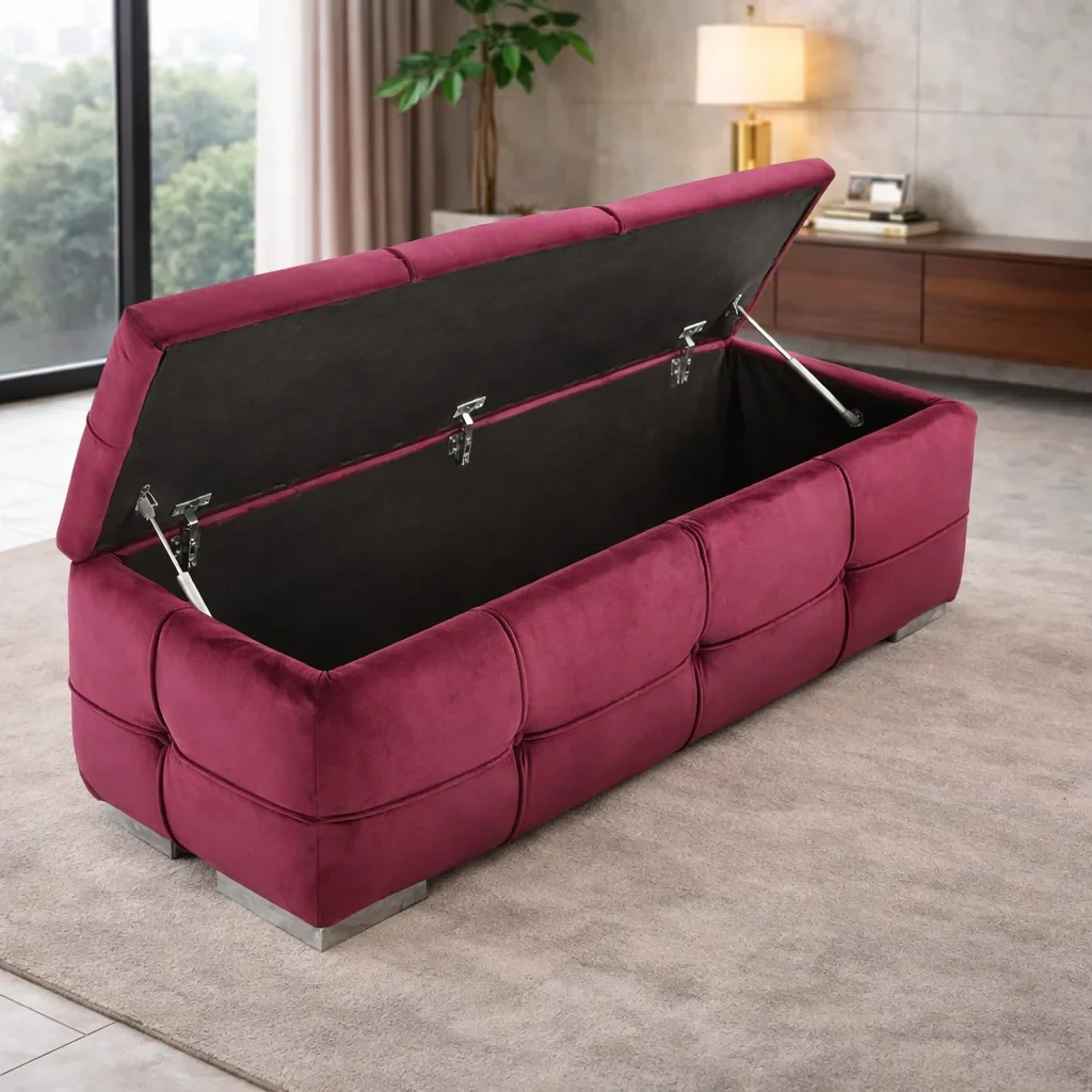 Multipurpose Velvet Storage Ottoman in Rich Wine Color - Image 3