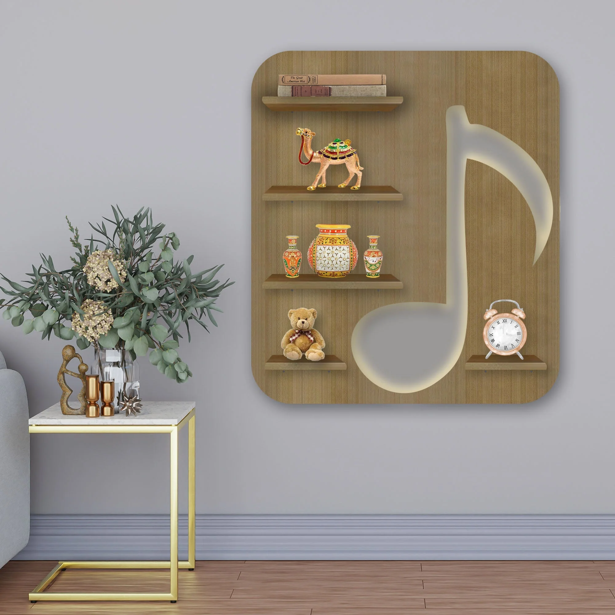 Music Symbol Note Backlit Wooden LED Light Wall Shelf with Oak Finish - Image 2