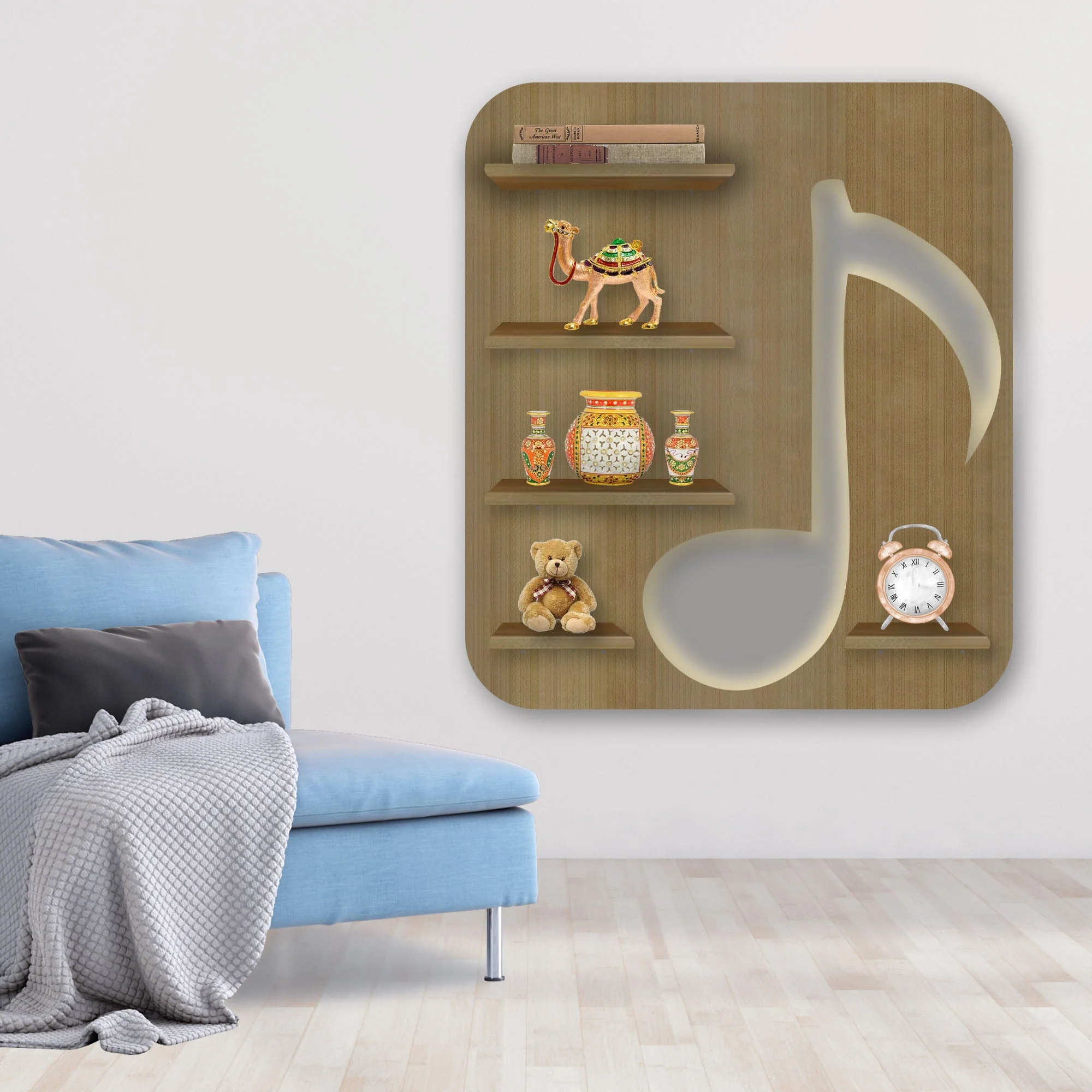 Music Symbol Note Backlit Wooden LED Light Wall Shelf with Oak Finish - Image 3