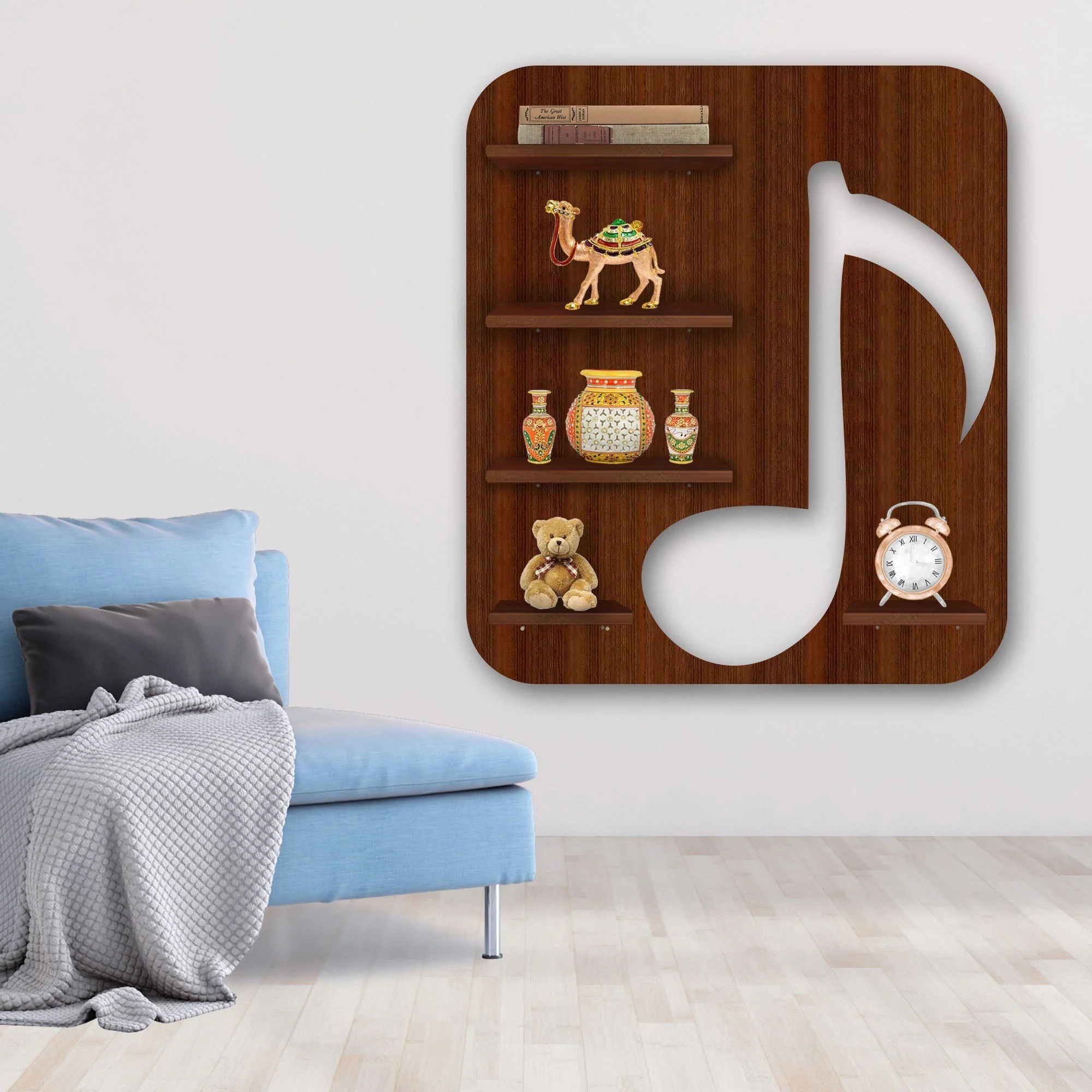 Music Symbol Note Backlit Wooden LED Light Wall Shelf with Walnut Finish - Image 3