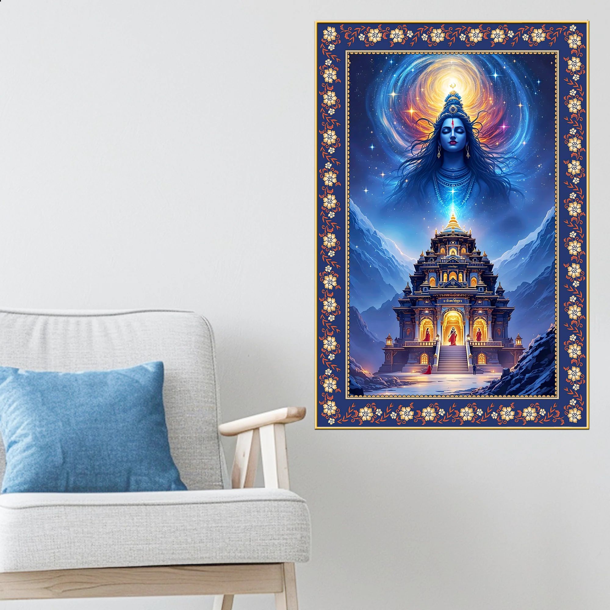 Mystical Himalayan Mandir with Shiva Floral Border Vertical Wall Painting - Image 2