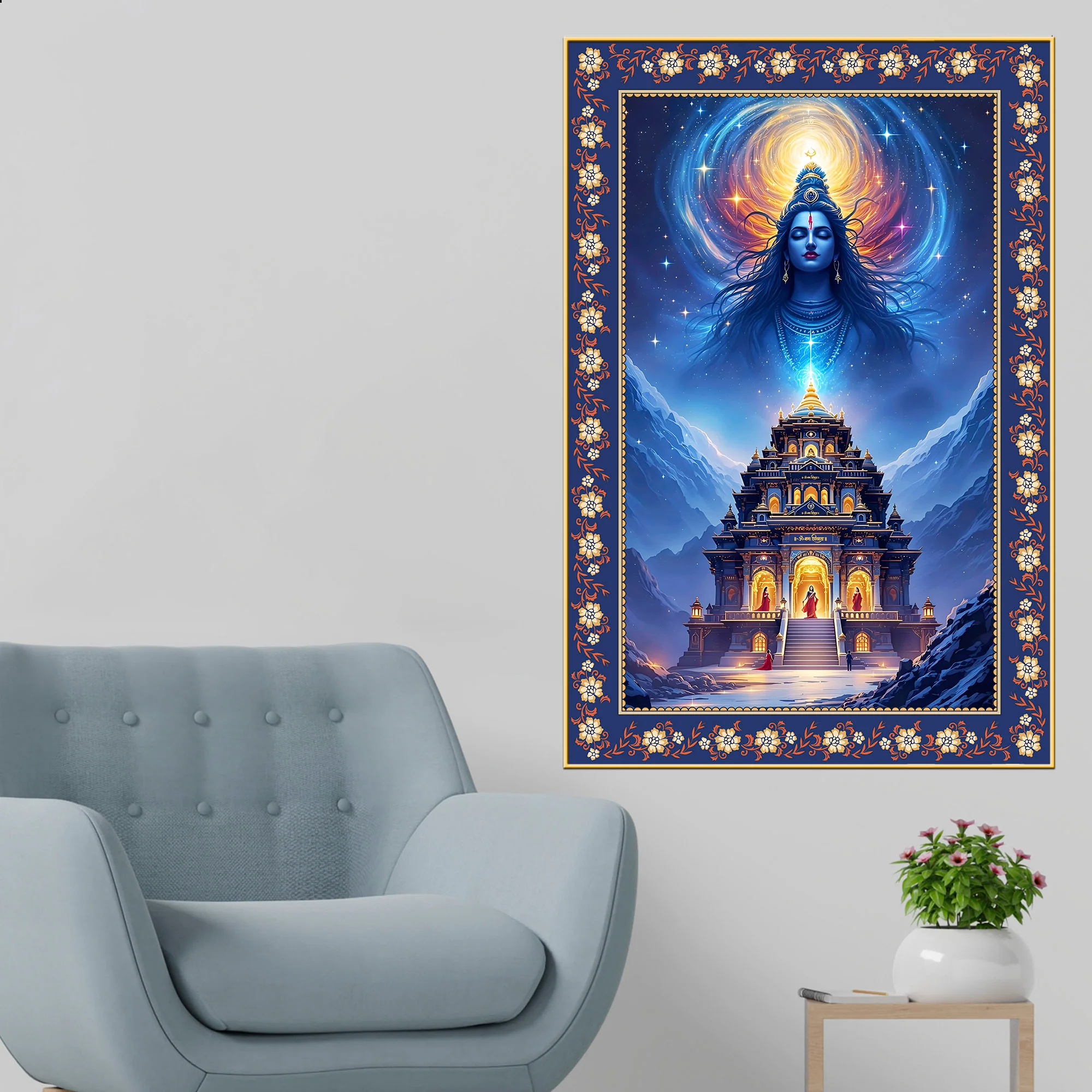Mystical Himalayan Mandir with Shiva Floral Border Vertical Wall Painting - Image 3
