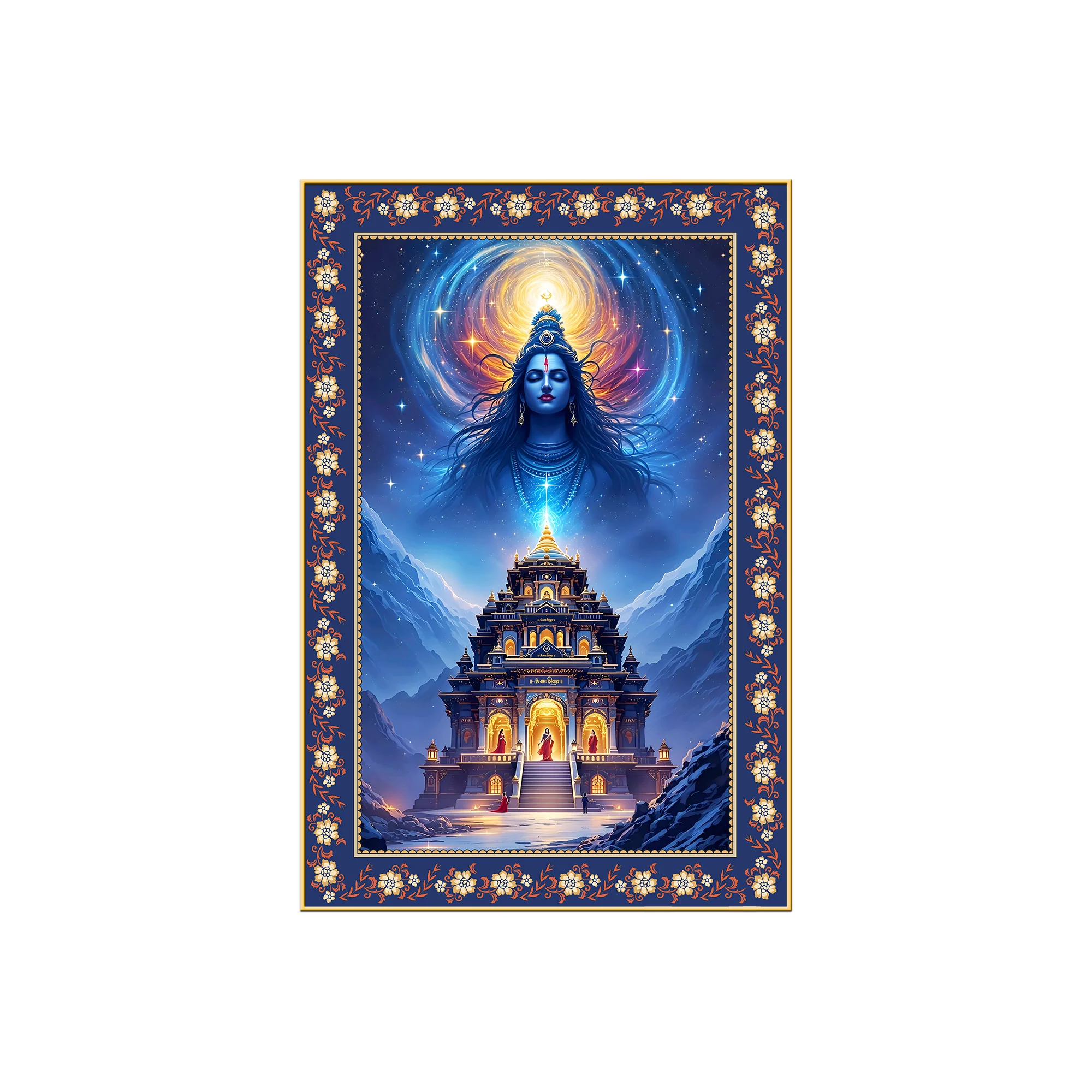 Mystical Himalayan Mandir with Shiva Floral Border Vertical Wall Painting - Image 4