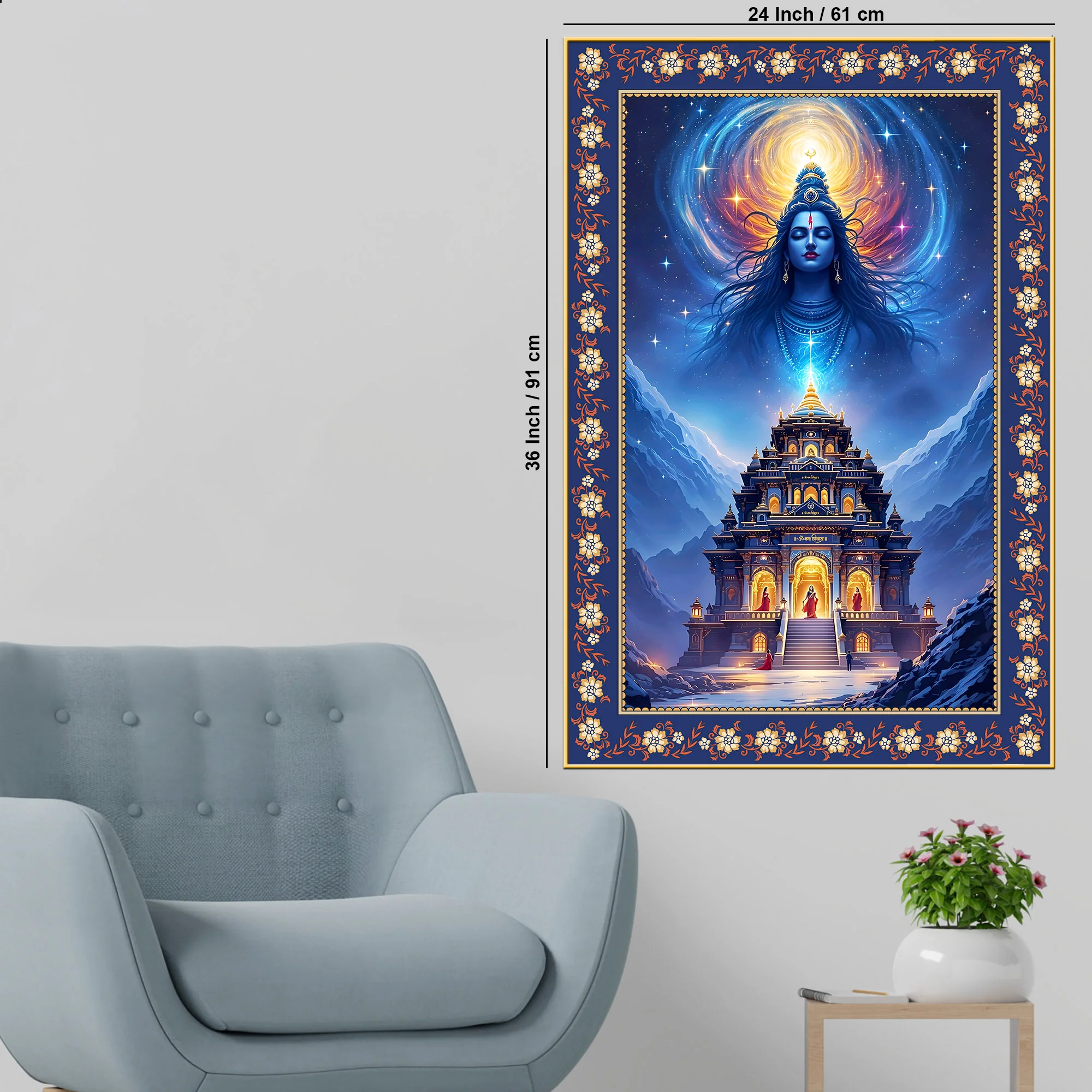 Mystical Himalayan Mandir with Shiva Floral Border Vertical Wall Painting - Image 6