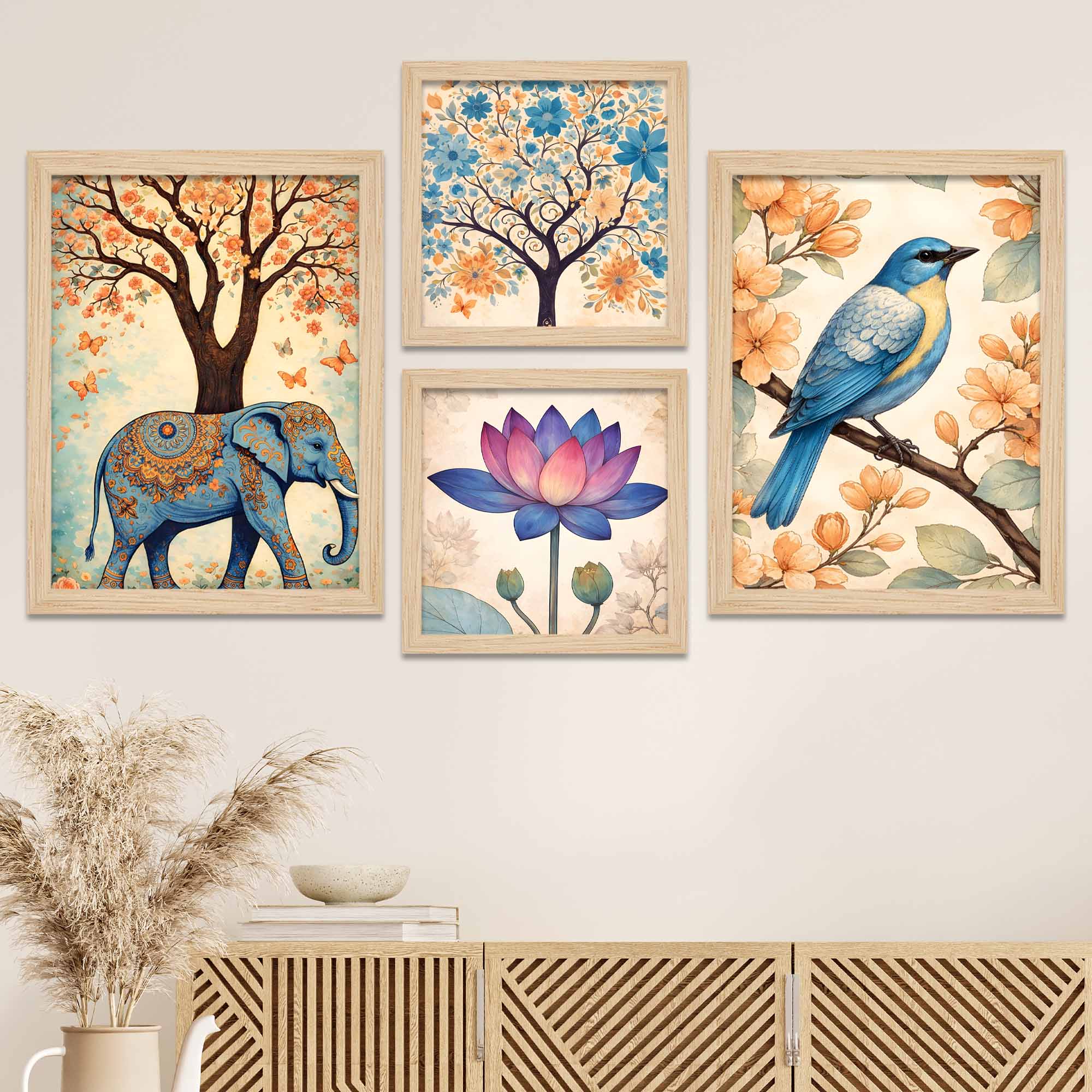 Nature Harmony Elephant, Lotus & Bird Wall Frame Set of Four - Image 2