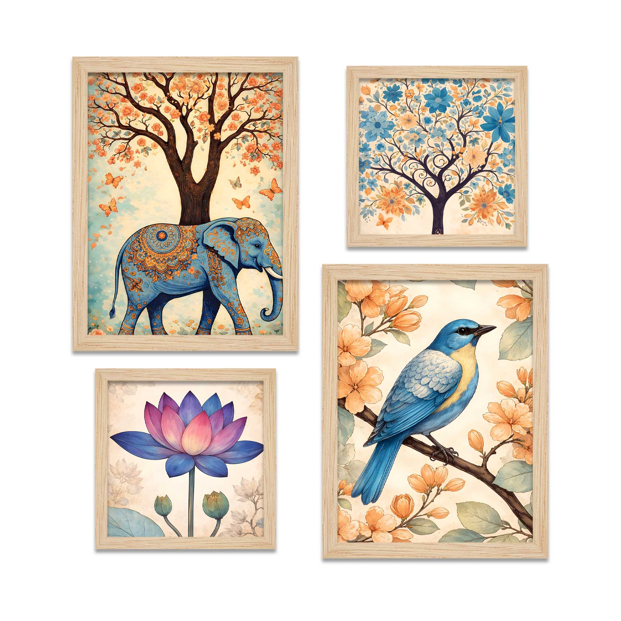 Nature Harmony Elephant, Lotus & Bird Wall Frame Set of Four - Image 3